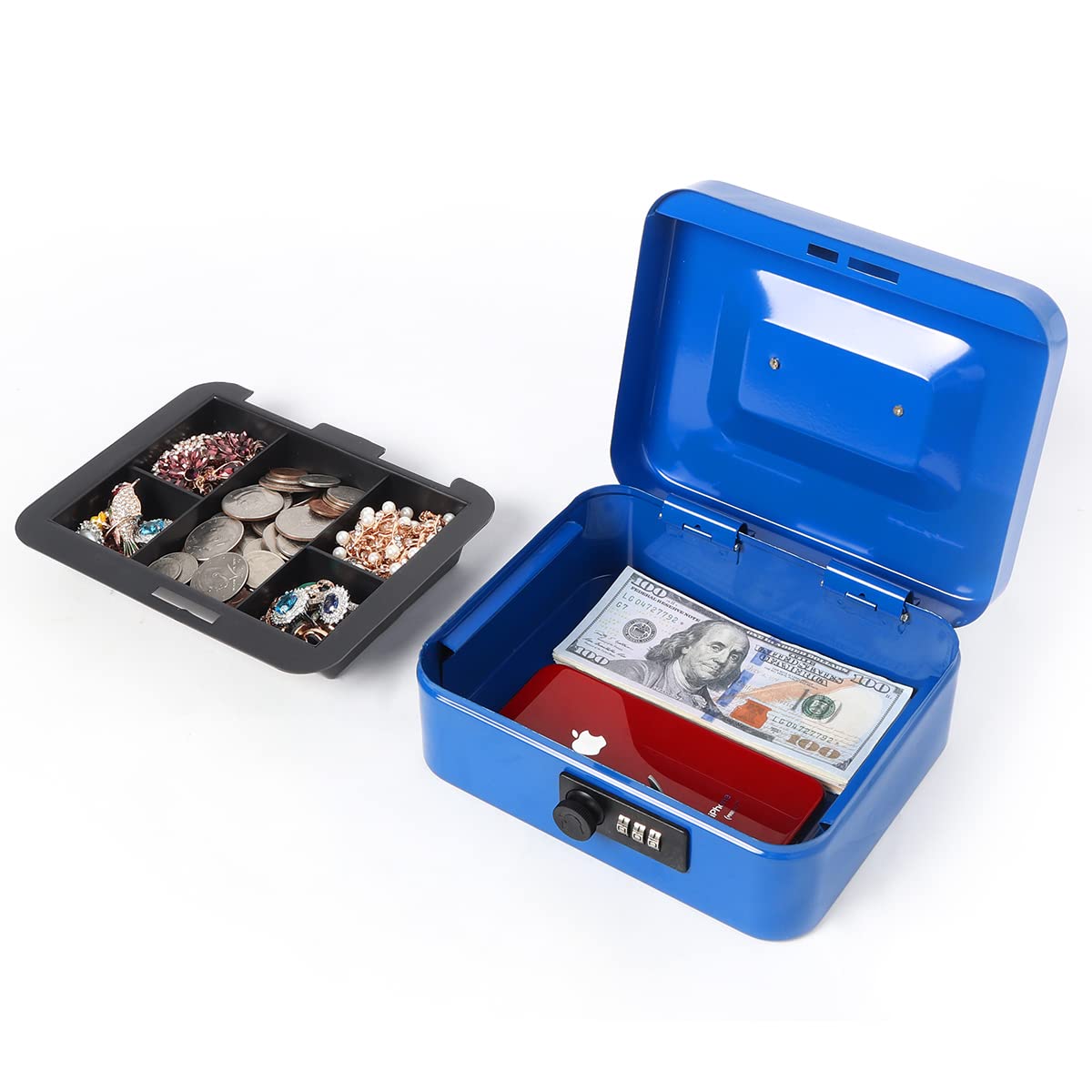 Small Metal Cash Box with Combination Lock - 7.87 x 6.3 x 3.54 Inch Money Storage Box with Removable Tray - Secure Cash Organizer for Home, Office, Retail & Travel (Blue)