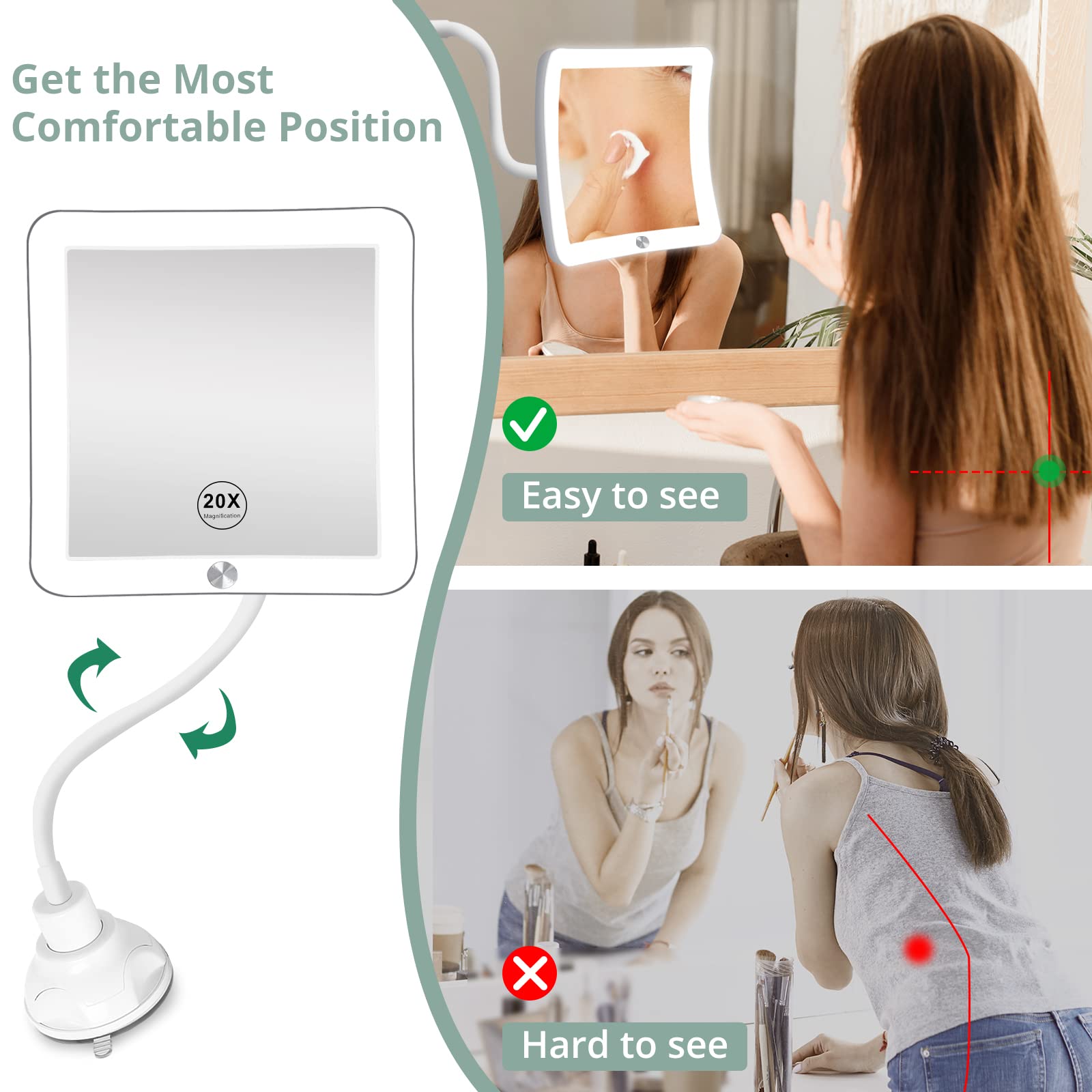 Fabuday 20X Magnifying Makeup Mirror with LED Lights - Flexible Gooseneck, Suction Cup & Portable Design for Bathroom, Vanity & Travel | Square Lighted Mirror for Precision Makeup, Skincare & Grooming