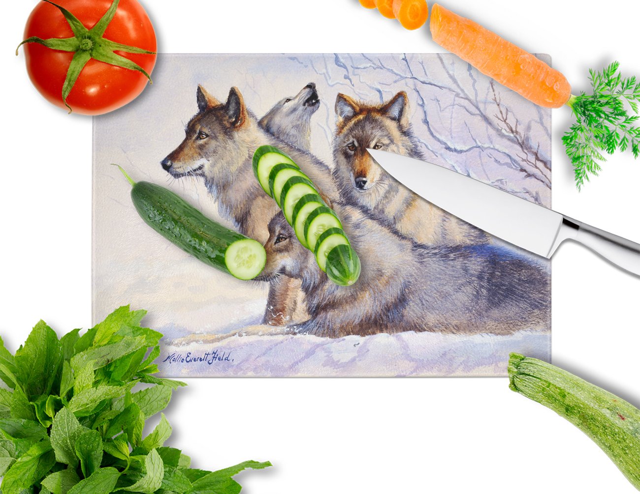 Large Tempered Glass Cutting Board with Wolf Design - Decorative Kitchen Chopping & Serving Board for Meat, Cheese, Fruits - Perfect for Entertaining & Home Decor