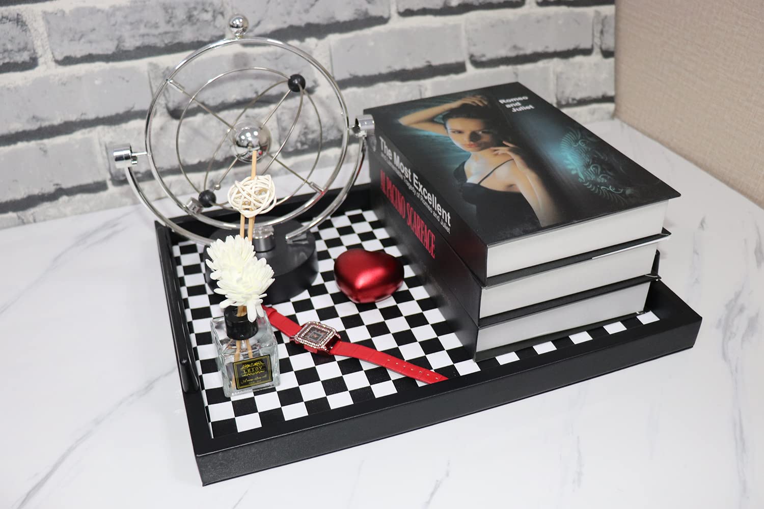 MCBZ Decorative Serving Tray - 16.5 x 12.6 Inch Leather Ottoman Tray with Metal Handles for Coffee Table, Living Room, Bedroom - Black and White Grid Pattern (Perfect for Breakfast in Bed, TV Snacks & Home Decor)