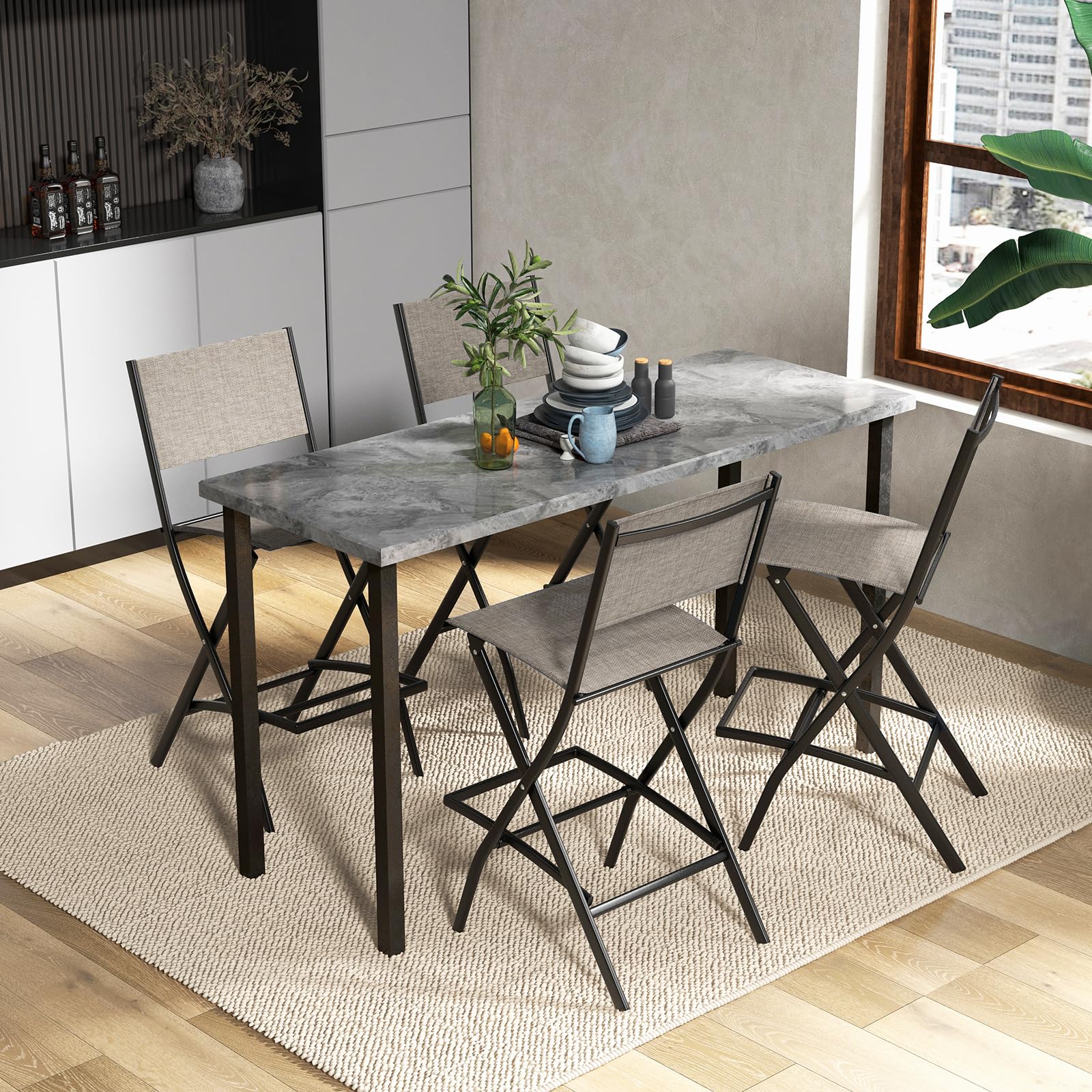 Giantex Set of 4 Folding Outdoor Bar Stools - Counter Height Patio Chairs with Footrest & Back Support, All-Weather Resistant Metal Frame for Porch, Deck, Lawn, Garden - Light Brown | Perfect for Backyard BBQs, Poolside Lounging & Outdoor Entertaining