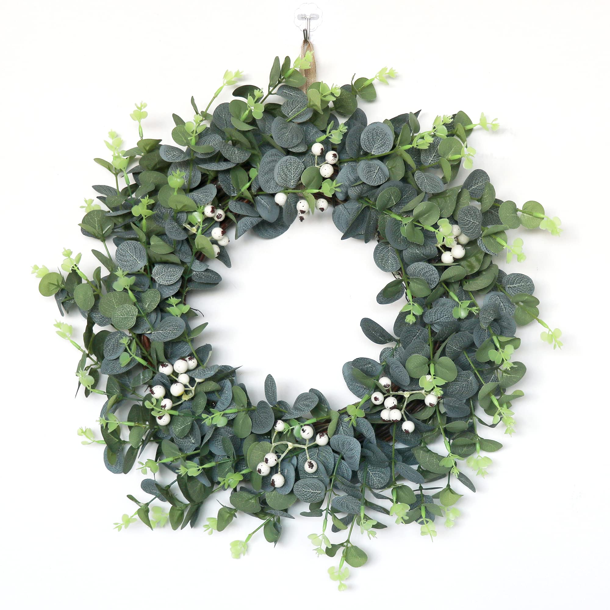 Ansuma 20 Inch Eucalyptus Wreath with White Berries - Spring Summer Green Front Door Wreath for Farmhouse, Wedding & Home Decor - Perfect for Indoor/Outdoor Use on Doors, Walls & Windows