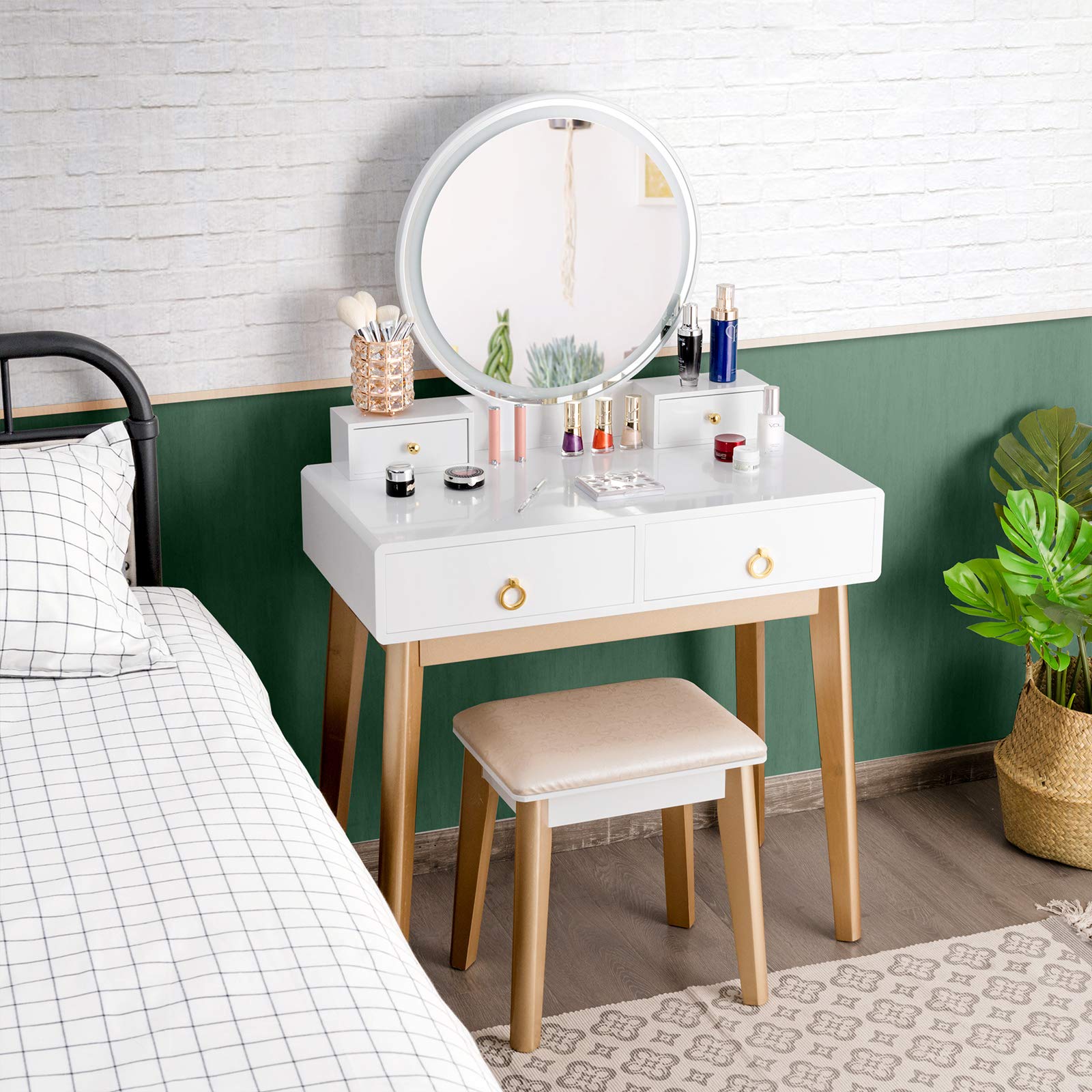Nightcore Vanity Set with Round LED Lighted Mirror, Modern Makeup Vanity Desk with Cushioned Stool & 4 Drawers - White Dressing Table for Women & Girls | Perfect for Bedroom, Bathroom & Home Beauty Station