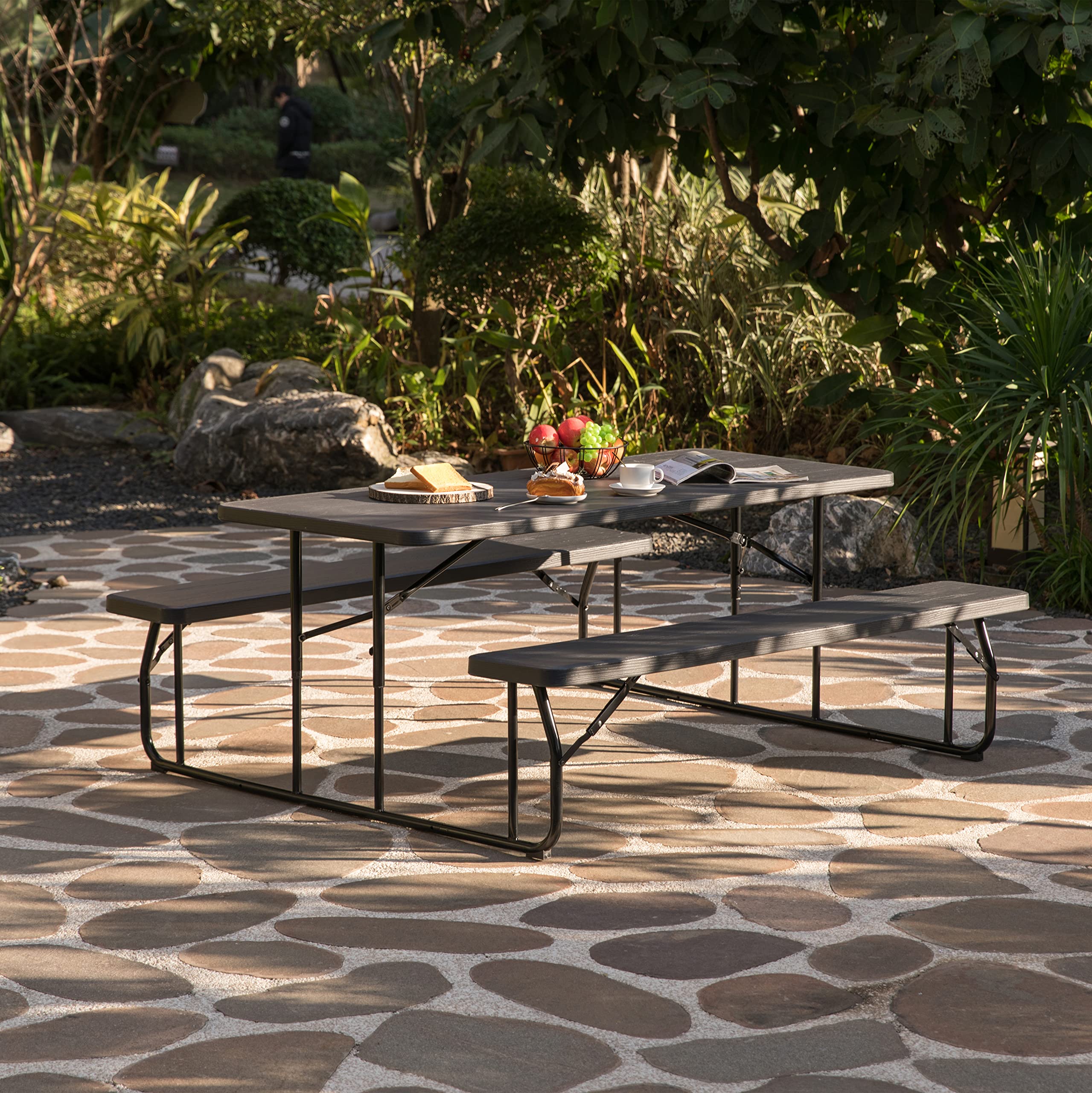 Gardenised 6 Ft Black Outdoor Foldable Picnic Table Set with Woodgrain Finish & Metal Frame - Perfect for Backyard BBQs, Camping, and Patio Dining (QI004269.BK)