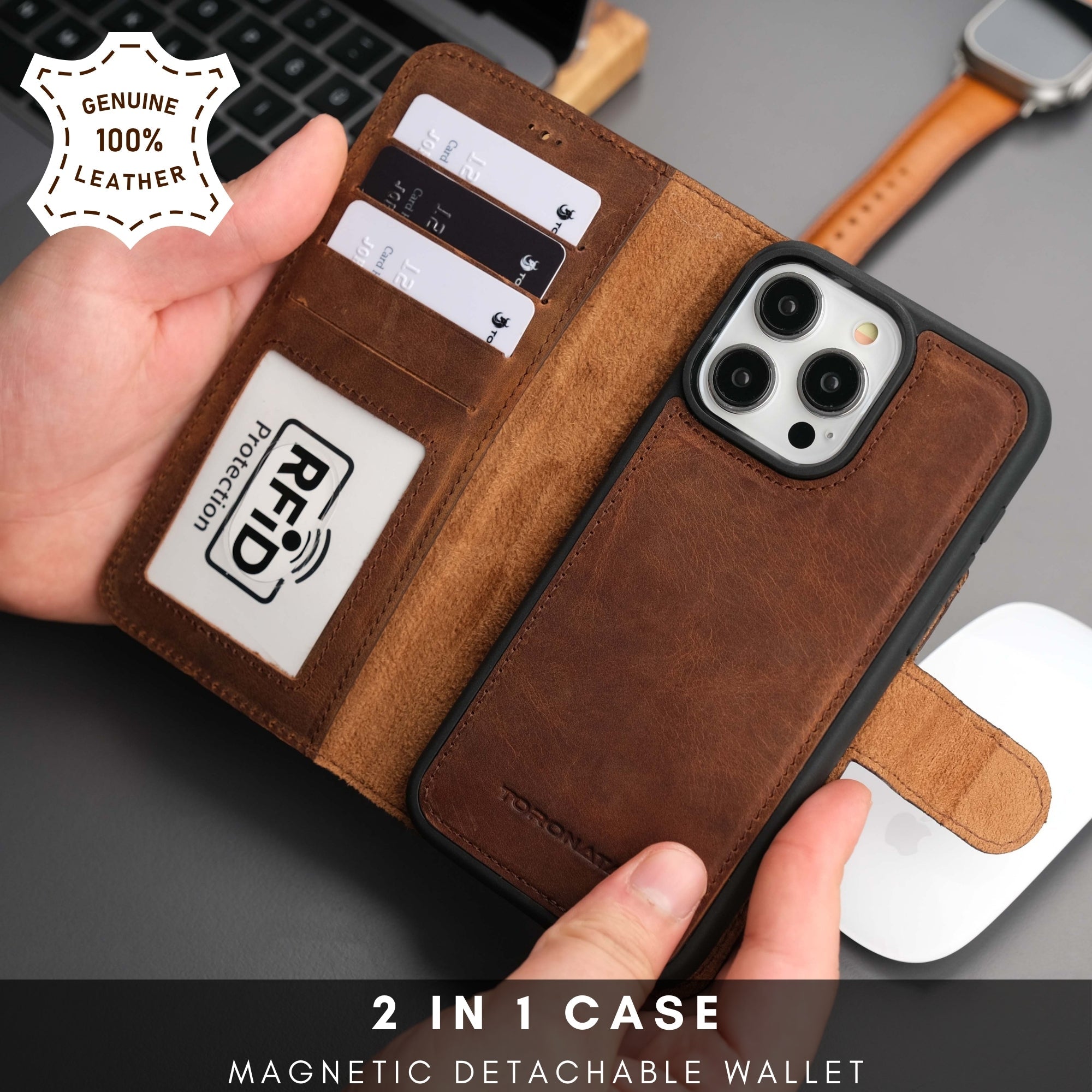 Casper Leather iPhone 15 Pro Max Wallet Case with Detachable MagSafe & RFID Protection - Slim Protective Cover for Everyday Use, Travel, and Business (2023 Model)