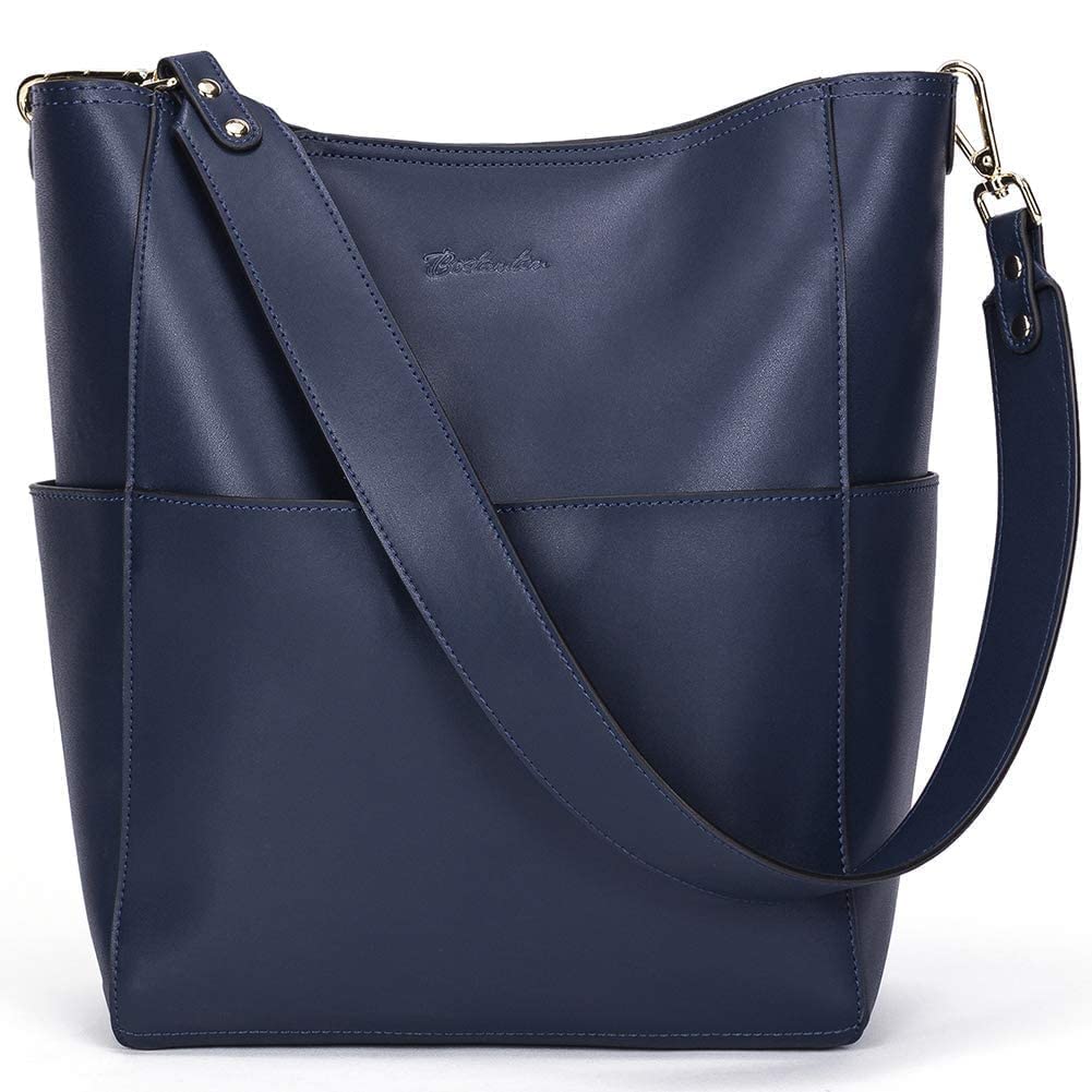 BOSTANTEN Women's Leather Designer Handbag Tote Purse Shoulder Bucket Bag in Navy Blue with RFID Blocking Zipper Pocket - Includes Small Bifold Leather Wallet Card Case - Perfect for Work, Travel and Everyday Use