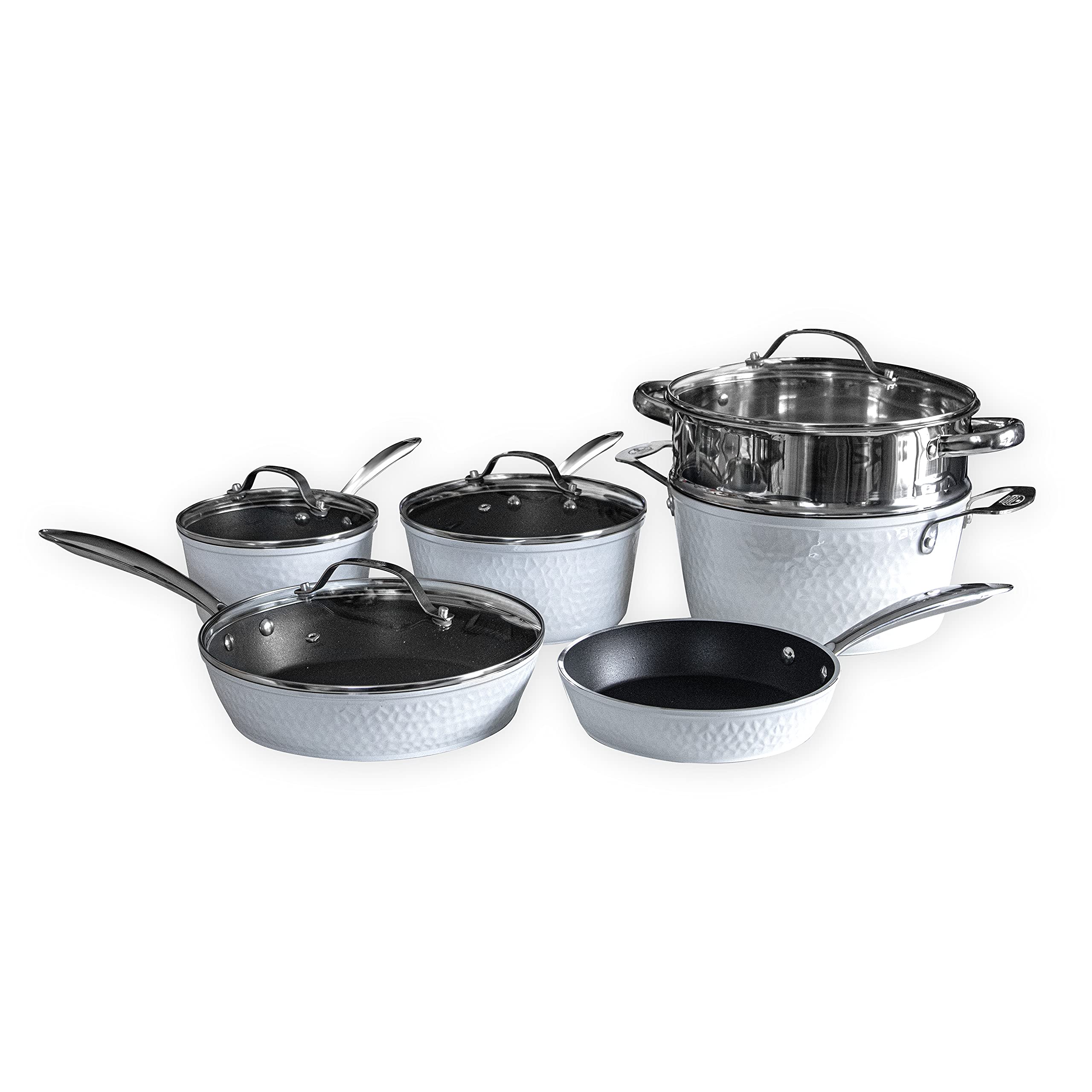 Premium 10-Piece Non-Stick Ceramic Cookware Set - White Hammered Finish with Glass Lids | Lightweight & Scratch-Resistant | Oven & Dishwasher Safe (500°F) | Compatible with All Stove Types | Perfect for Everyday Cooking, Family Meals & Professional Kitchens