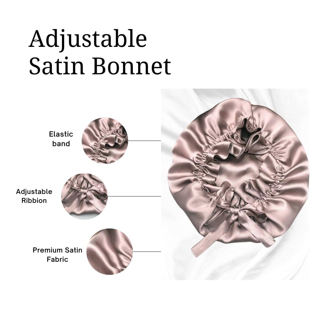 Atrube Adjustable Satin Silk Bonnet for Hair with 3 Premium Scrunchies & Ice Roller - Silk Hair Cap for Sleeping, Curly Hair Protection with Ribbon Tie Band - Perfect for Nighttime Hair Care, Travel & Salon Styling