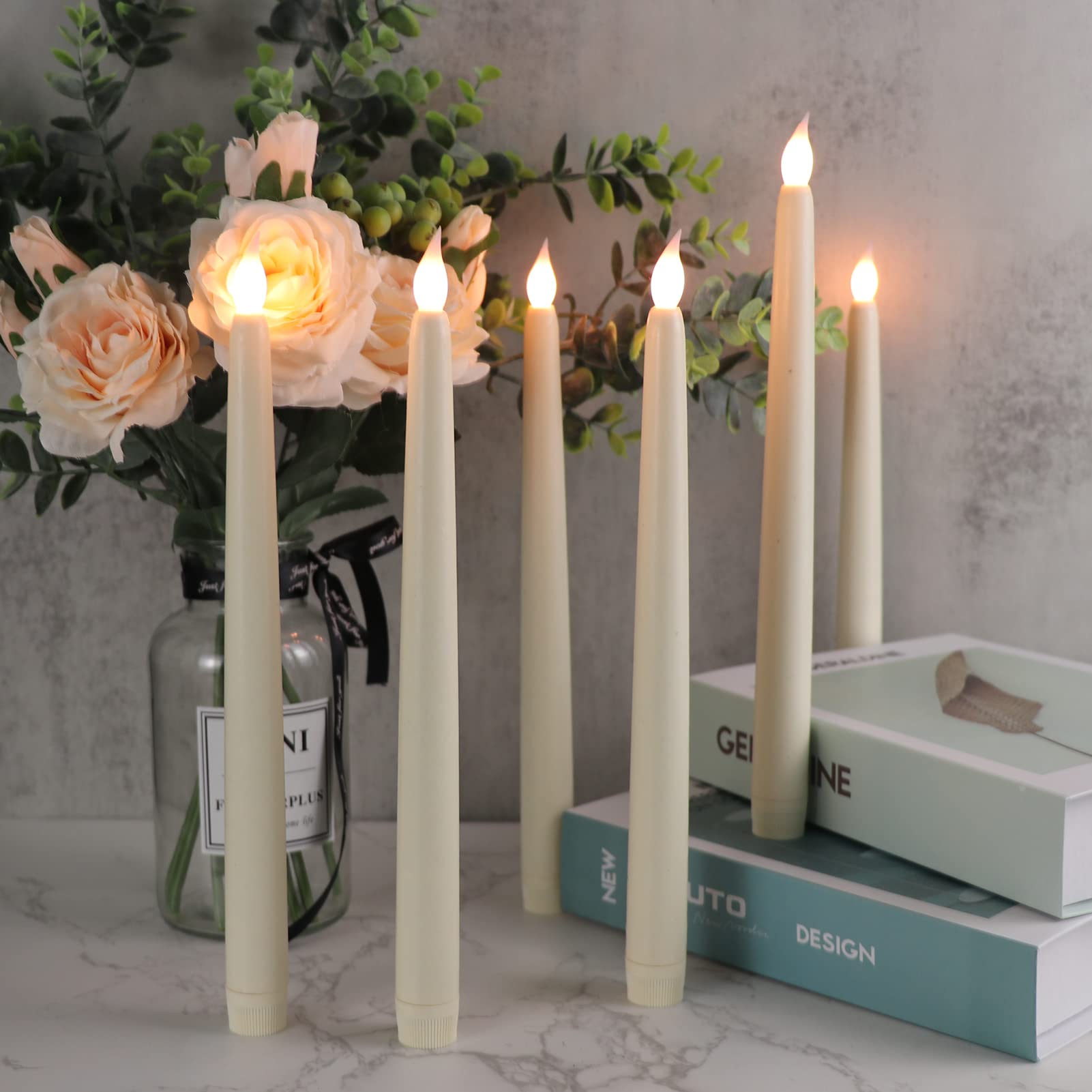 DRomance 6 Pack Flameless LED Taper Candles - Battery Operated with Remote & Timer, Real Wax Ivory Candlesticks (0.78