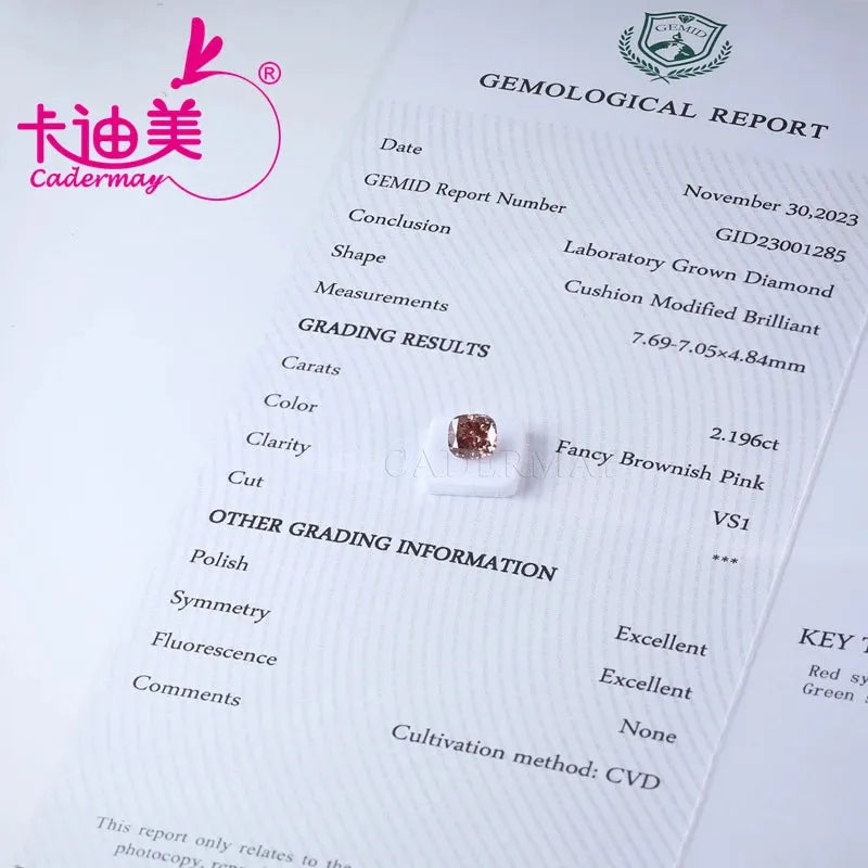 2.196CT VS1 Clarity CVD Lab Grown Diamond - Cushion Cut Fancy Brown Loose Stone for Jewelry Making, Engagement Rings & Custom Pendants