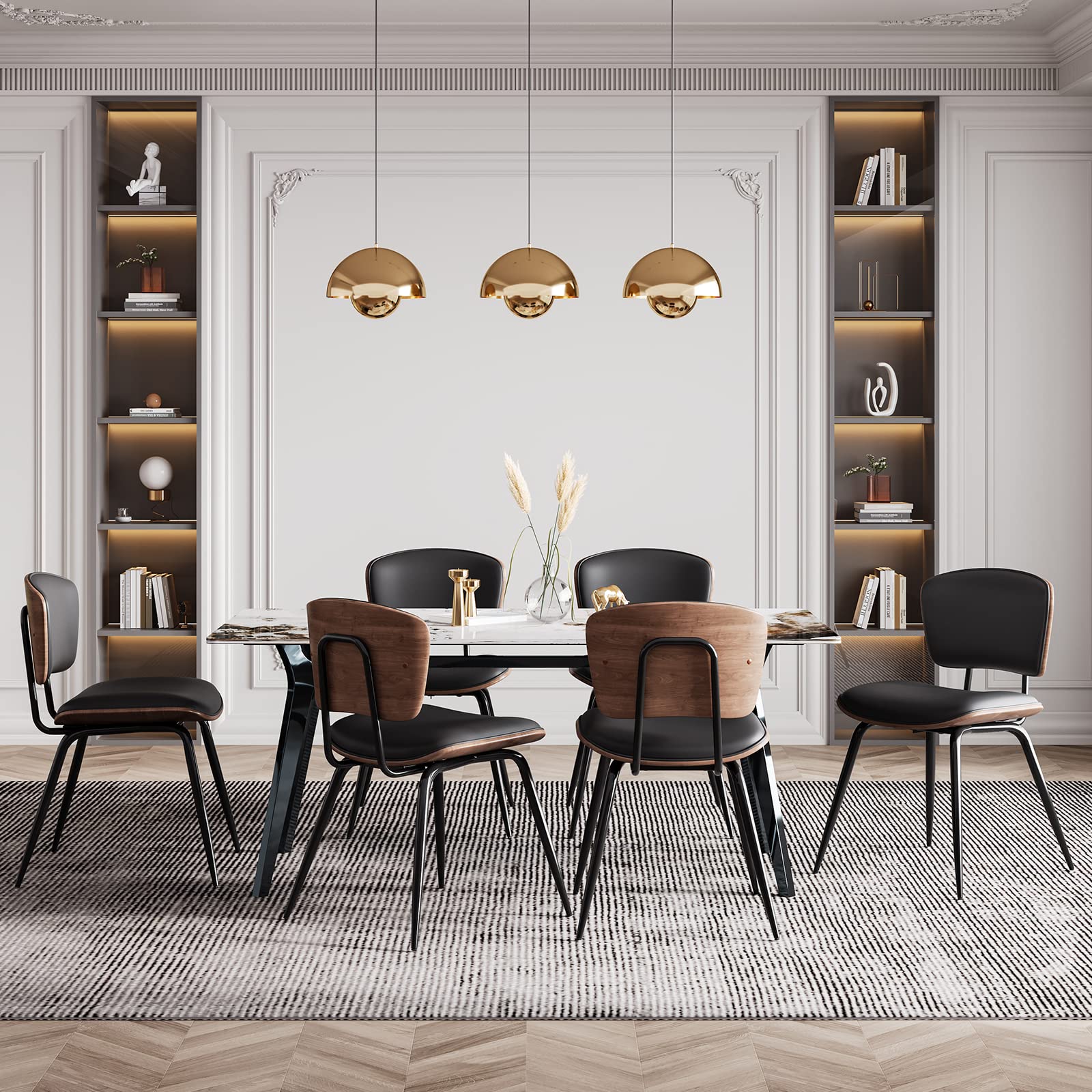 Stylish AQG Mid Century Modern Dining Chairs Set of 2 - Genuine Leather Upholstery with Bentwood Backrest & Sturdy Metal Legs - Perfect for Dining Room, Kitchen, Breakfast Nook & Home Decor