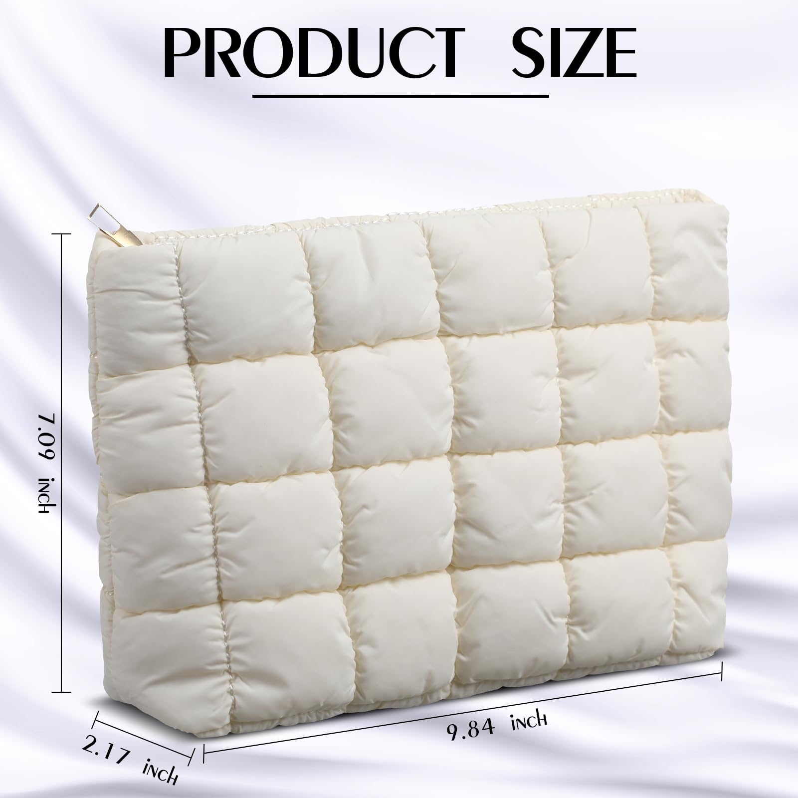 Hillban Quilted Makeup Bag - Cute Puffer Cosmetic Pouch for Travel & Toiletries (White)