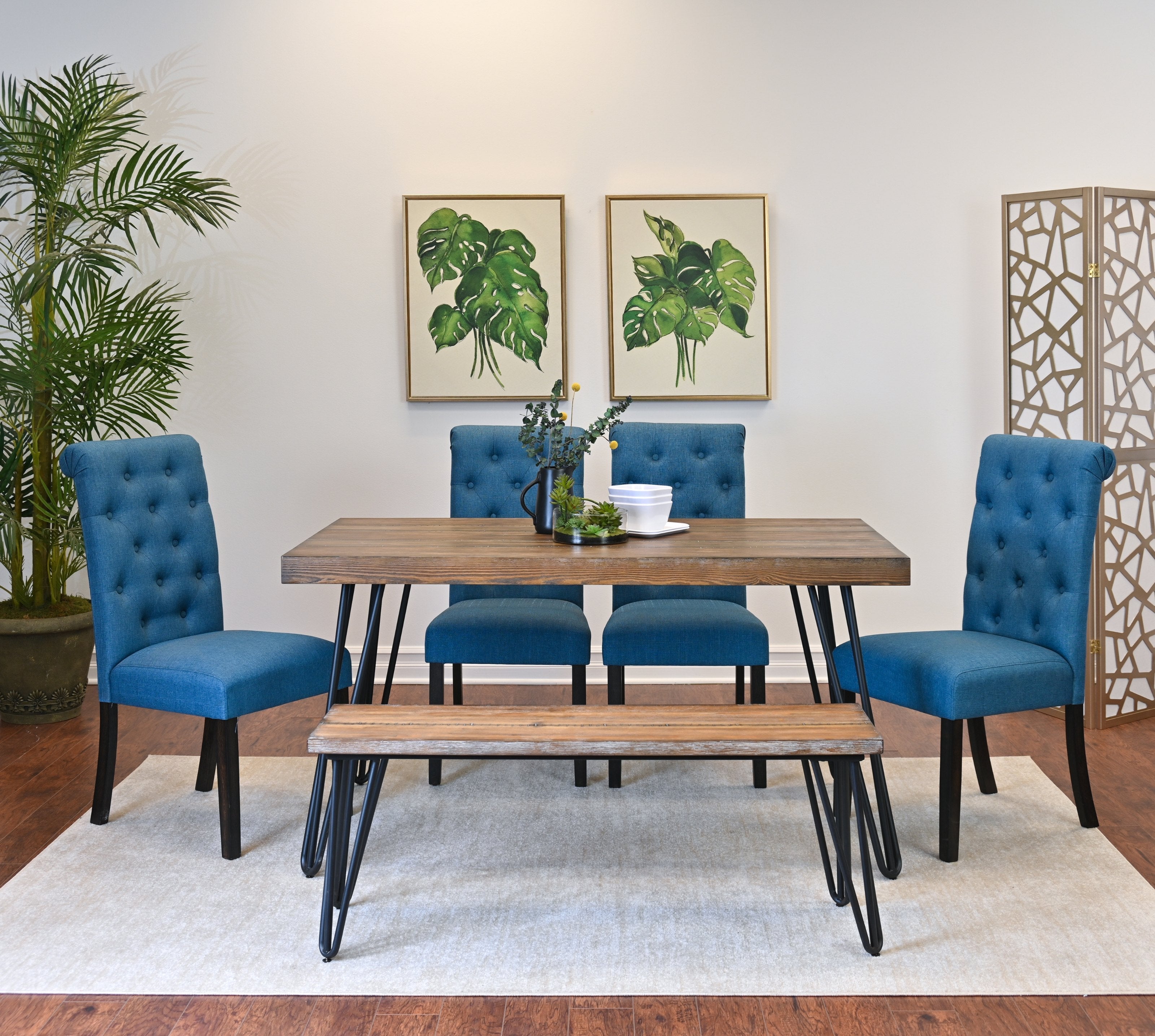 Roundhill Furniture Ashford 6-Piece Dining Set - Hairpin Leg Dining Table with 4 Chairs & Bench - Modern Kitchen & Dining Room Furniture for Small Spaces