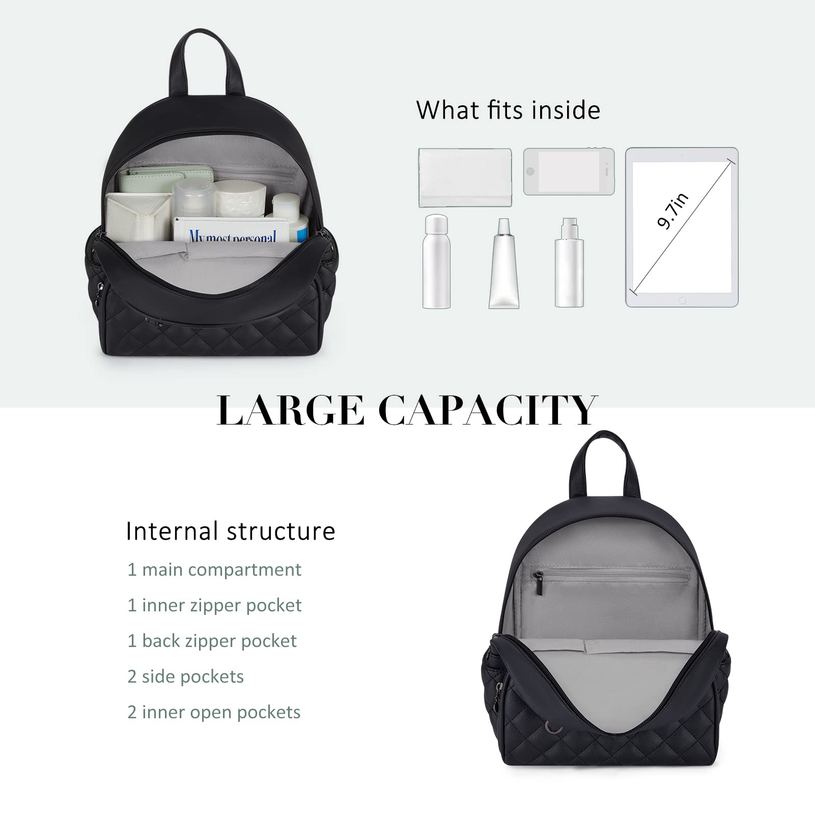 ECOSUSI Mini Backpack for Women - Genuine Leather Small Backpack Purse with Cute Pom Charm & Tassel - Perfect for Travel, School & Everyday Use (Black)