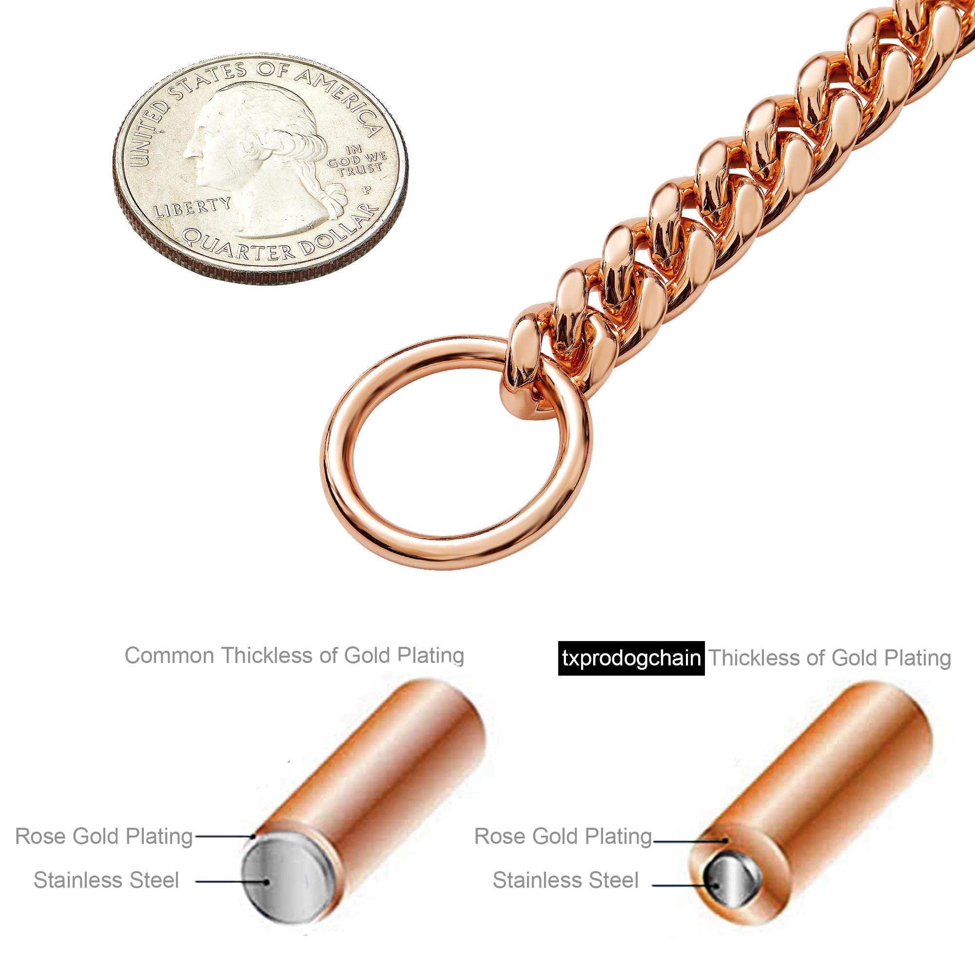 Rose Gold Chain Dog Collar - 10MM Cuban Link Stainless Steel Training Collar for Small, Medium & Large Dogs (10-29in) - Perfect for Walking, Training & Fashion Pet Accessories