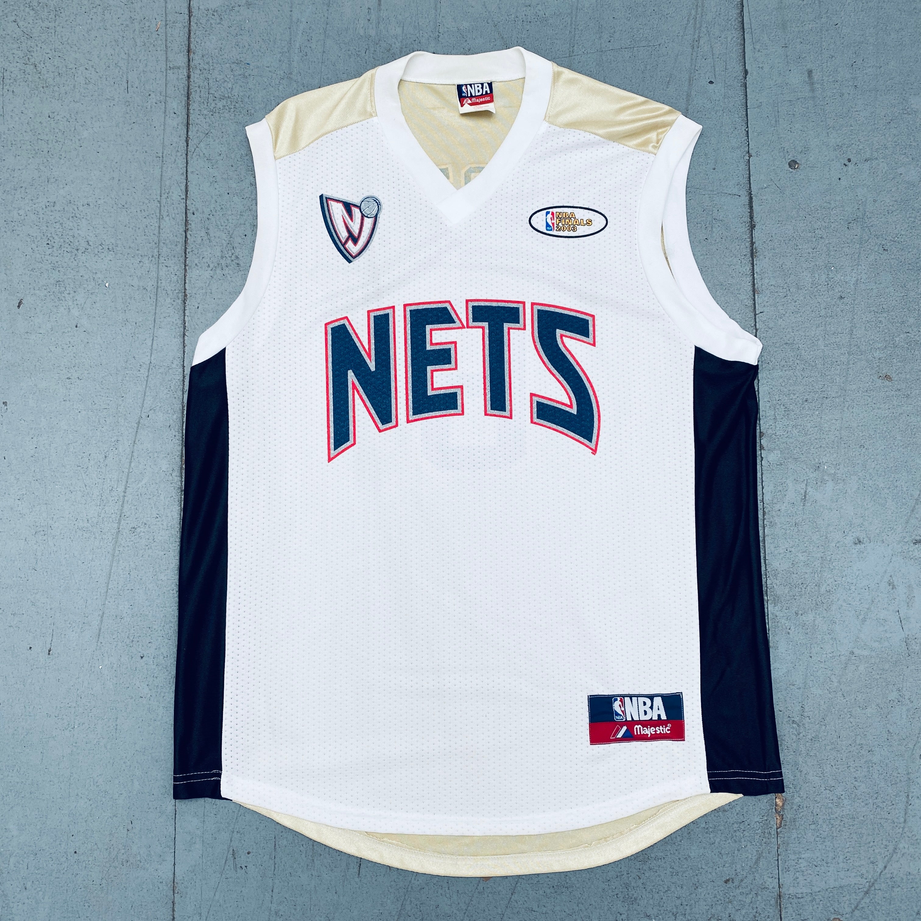 Authentic Kenyon Martin 2002-03 New Jersey Nets White & Gold Majestic Jersey with 2003 NBA Finals Patch - Size Large - Perfect for Basketball Fans, Collectors and Game Day Outfits