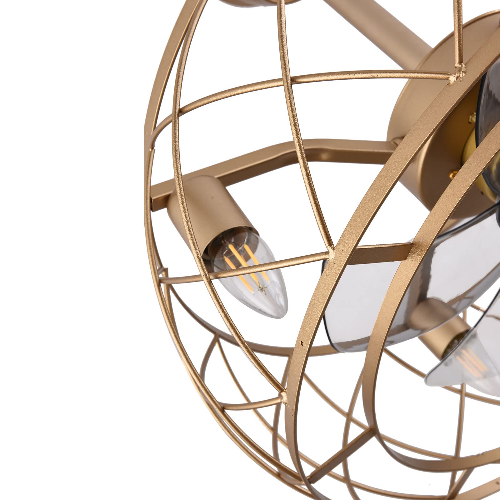 20 Inch Gold Industrial Metal Cage Ceiling Fan with Remote Control & Lights - Rustic Style for Living Room, Bedroom, and Office Spaces