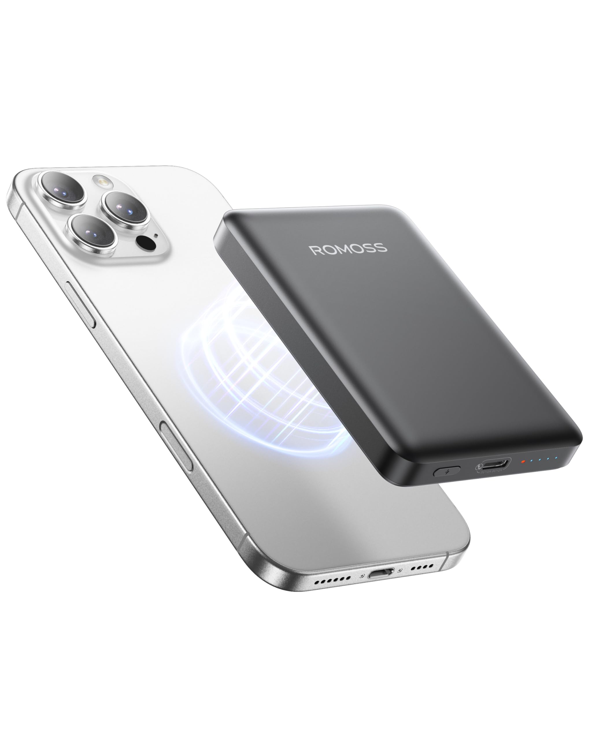 ROMOSS Ultra Slim 5000mAh Magnetic Power Bank - 20W Magsafe Portable Charger with USB-C Cable for iPhone 16/15/14/13/12 Series | Fast Wireless Charging Battery Pack | Perfect for Travel, Work & Outdoor Activities (Black)
