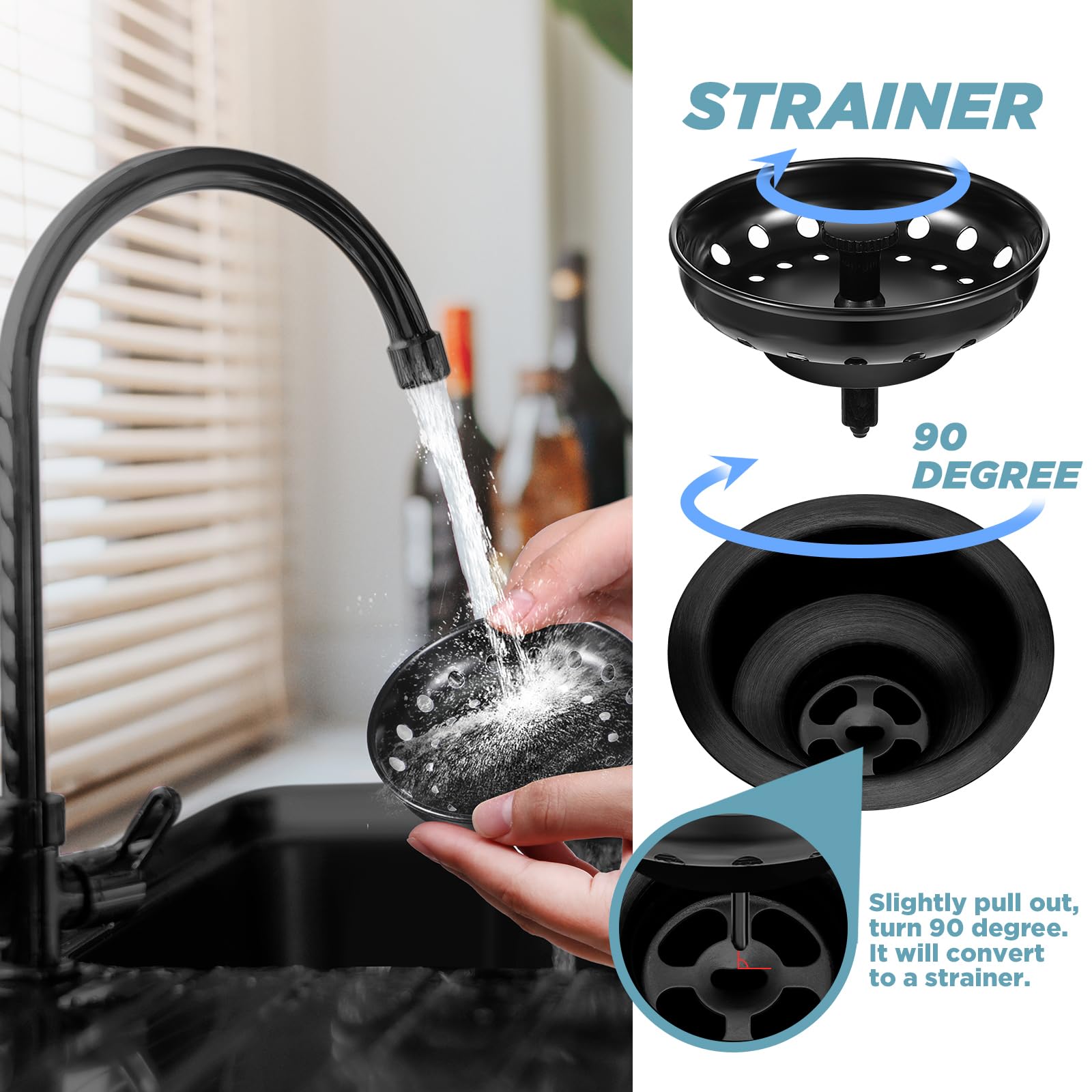 5-Piece Stainless Steel Kitchen Sink Drain Strainer Assembly - 3.5 Inch Sink Garbage Disposal Flange with Stopper & Splash Guard - Black Replacement Accessories Kit for Easy Cleaning and Waste Disposal