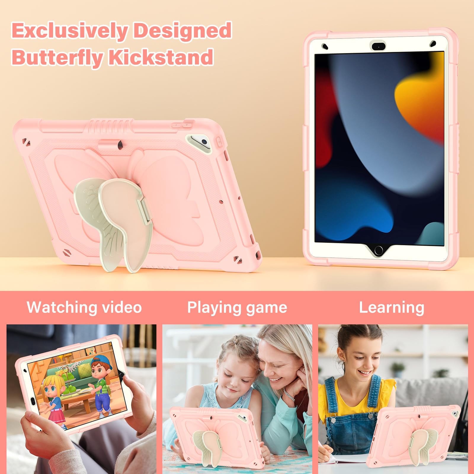 Shockproof Kids iPad Case for iPad 9th/8th/7th Gen & iPad Air 3rd Gen 10.2 Inch - Pink Butterfly Design with Pencil Holder, Adjustable Stand & Shoulder Strap | Perfect for School, Travel & Home Use