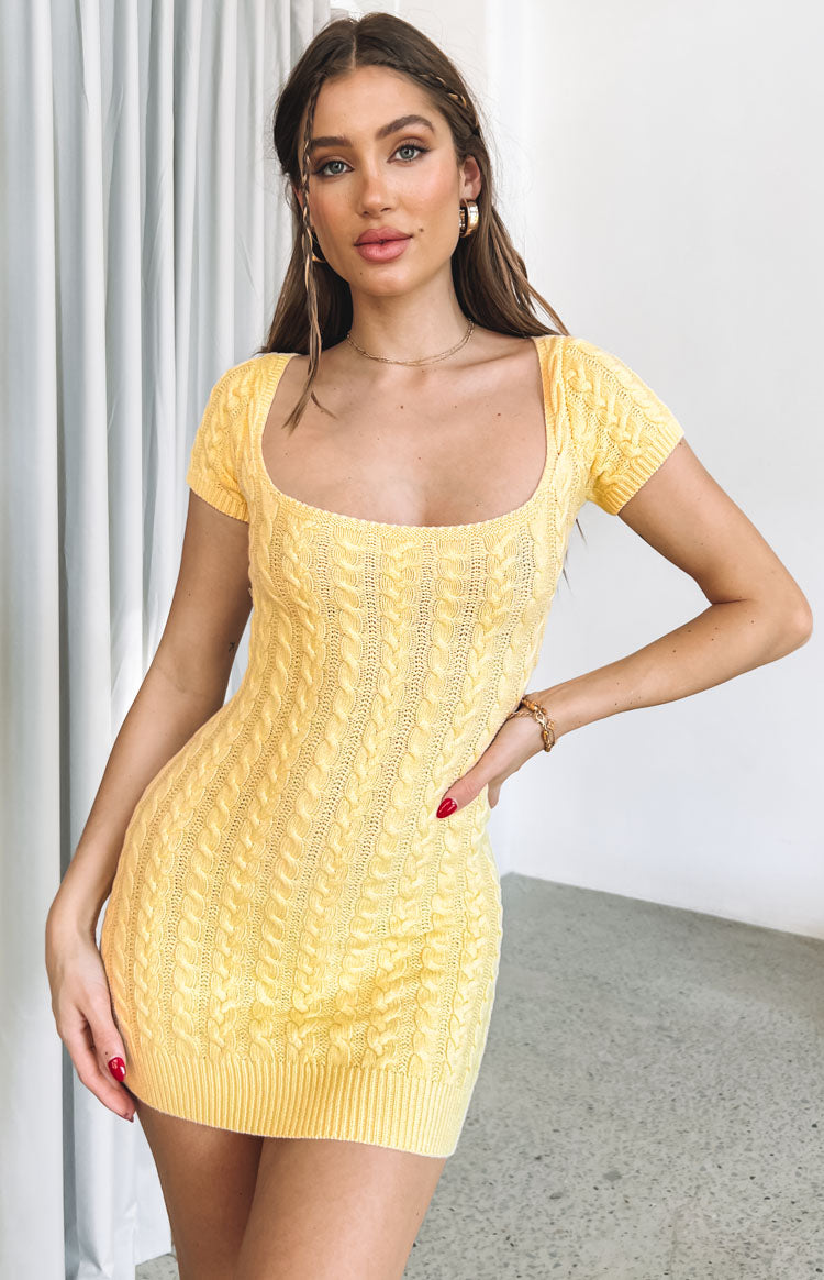 Stylish Yellow Mini Cable Knit Dress for Women - Perfect for Casual Outings, Parties & Date Nights