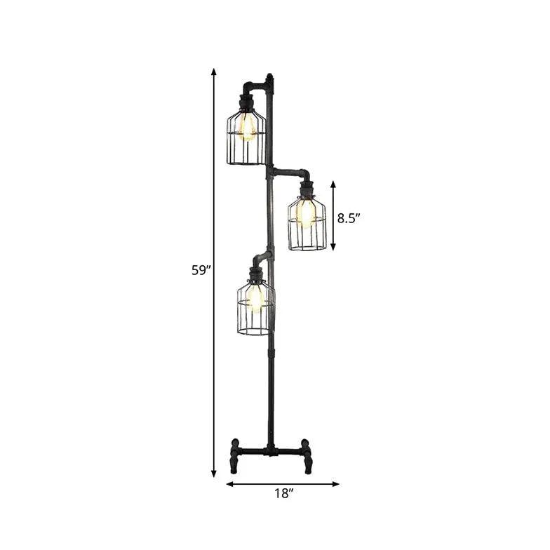 3-Tier Industrial Floor Lamp with Lantern Design - Vintage Style Lighting for Living Room, Bedroom, or Office Decor