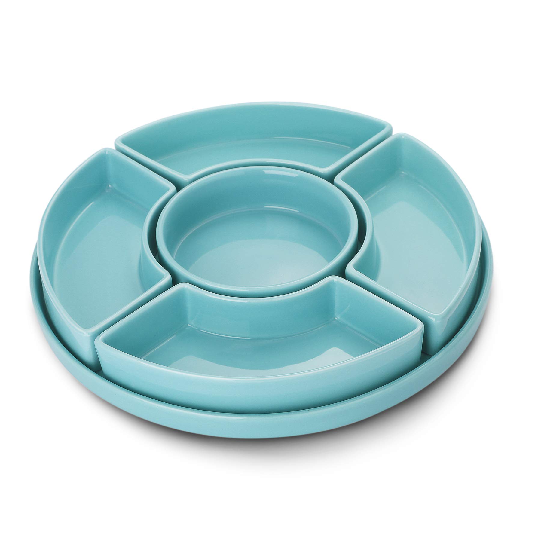Sweese 707.102 Porcelain Divided Serving Dishes - 3-Piece Relish Tray Set with Serving Bowls for Parties, Chips & Dip, Veggies, Candy & Snacks - Elegant Turquoise Tableware for Entertaining, Potlucks & Holiday Gatherings