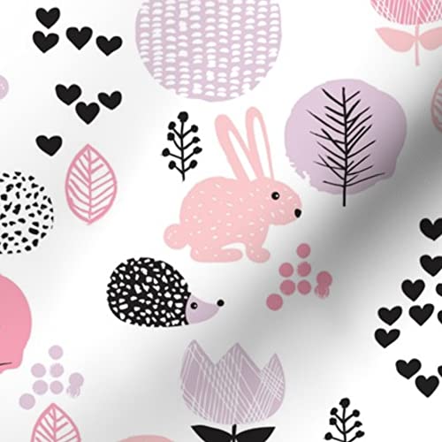 Cute Spring Animals Hedgehog Bunny Garden Easter Flowers Printed Denim Fabric - Fat Quarter for Apparel, Home Decor & Upholstery | Perfect for DIY Crafts, Quilting, and Sewing Projects