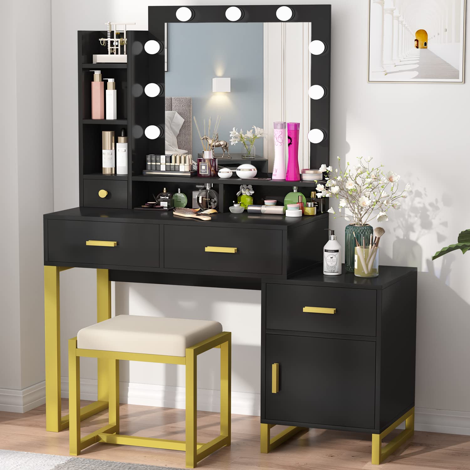 PAKASEPT Vanity Set with Lighted Mirror - 9 LED Bulbs, Makeup Vanity Desk with Cushioned Stool, Storage Shelves & Drawers, Dressing Table for Bedroom (Black) | Perfect for Makeup Application, Beauty Routine & Home Decor