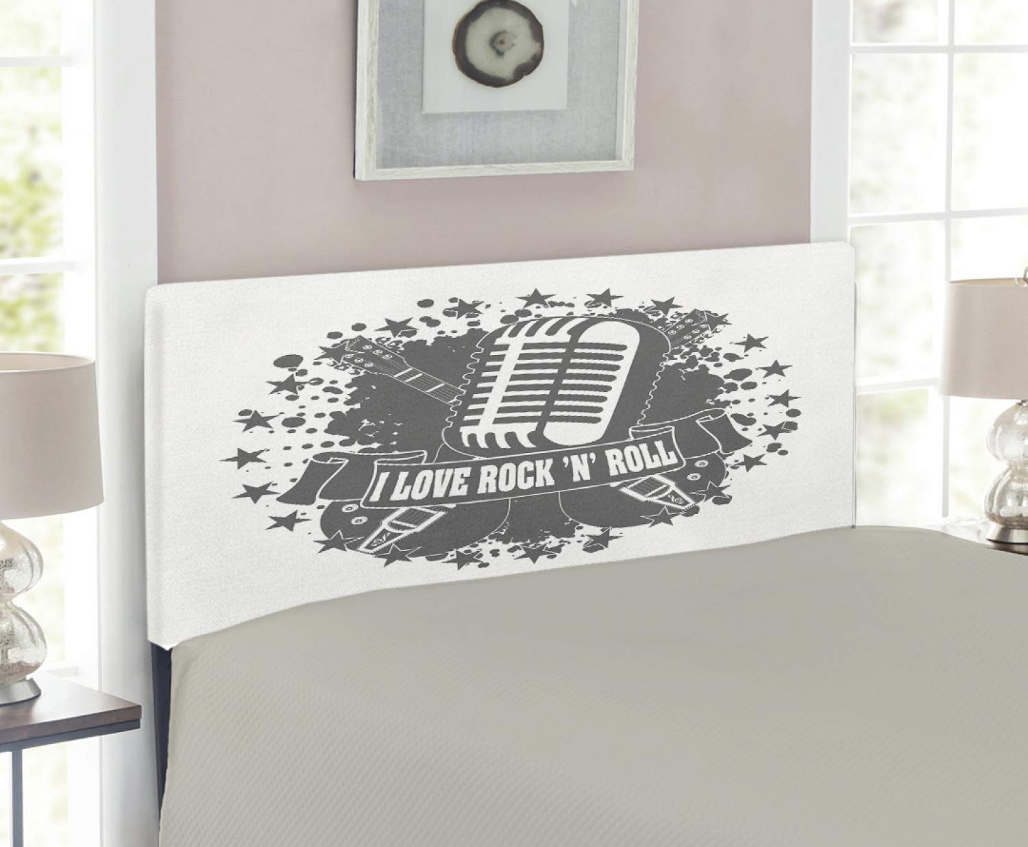 Ambesonne Rock Music Headboard - Twin Size Grey White Upholstered Metal Bed Frame with Memory Foam | Retro Microphone & Guitar Design for Music Lovers | Perfect for Teen Bedrooms, Dorm Decor & Rock-Themed Spaces
