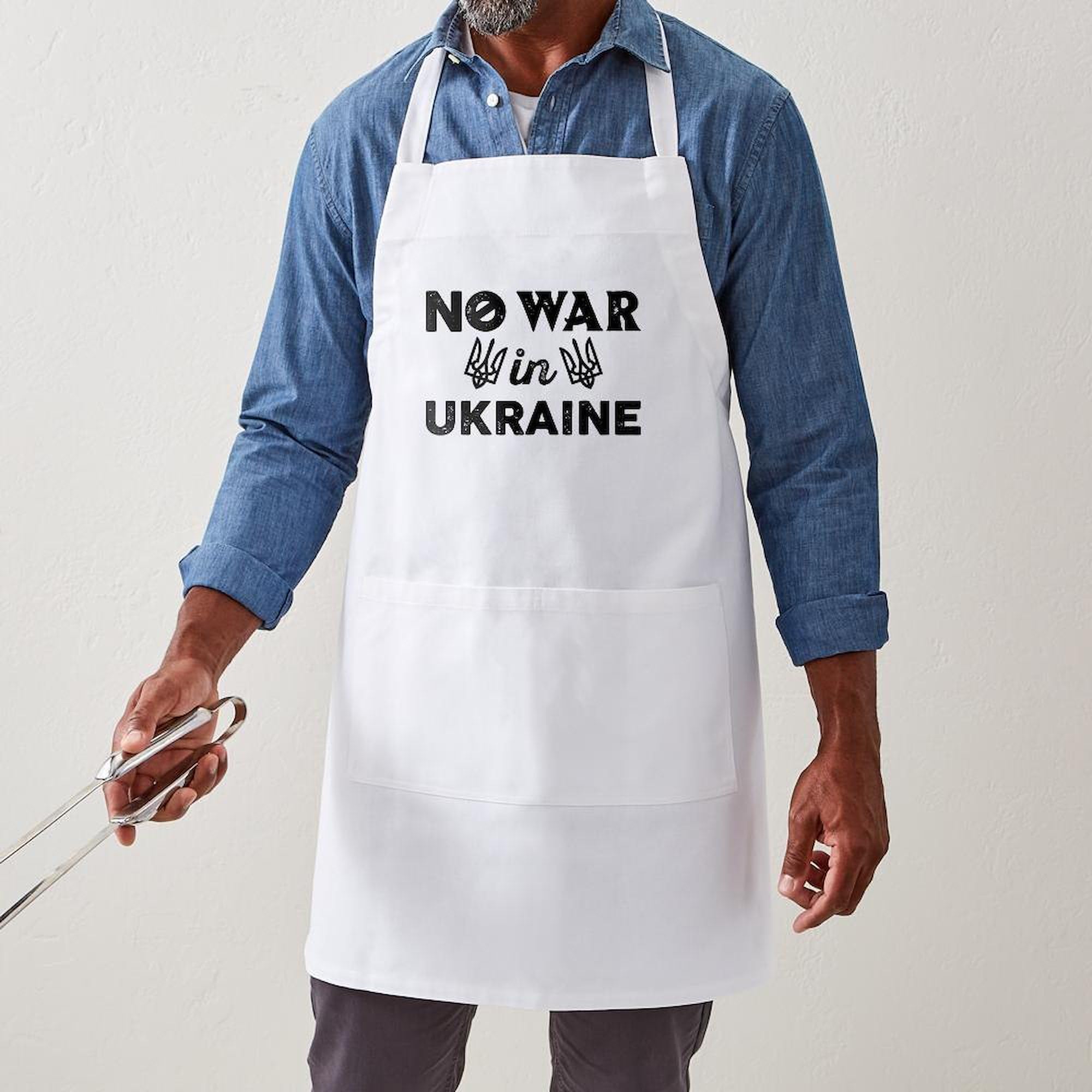 No War In Ukraine Kitchen Apron with Pockets - Adjustable Grilling & Baking Apron for Cooking, BBQ, Hosting - Unisex Adult Apron for Home Chefs & Outdoor Grilling