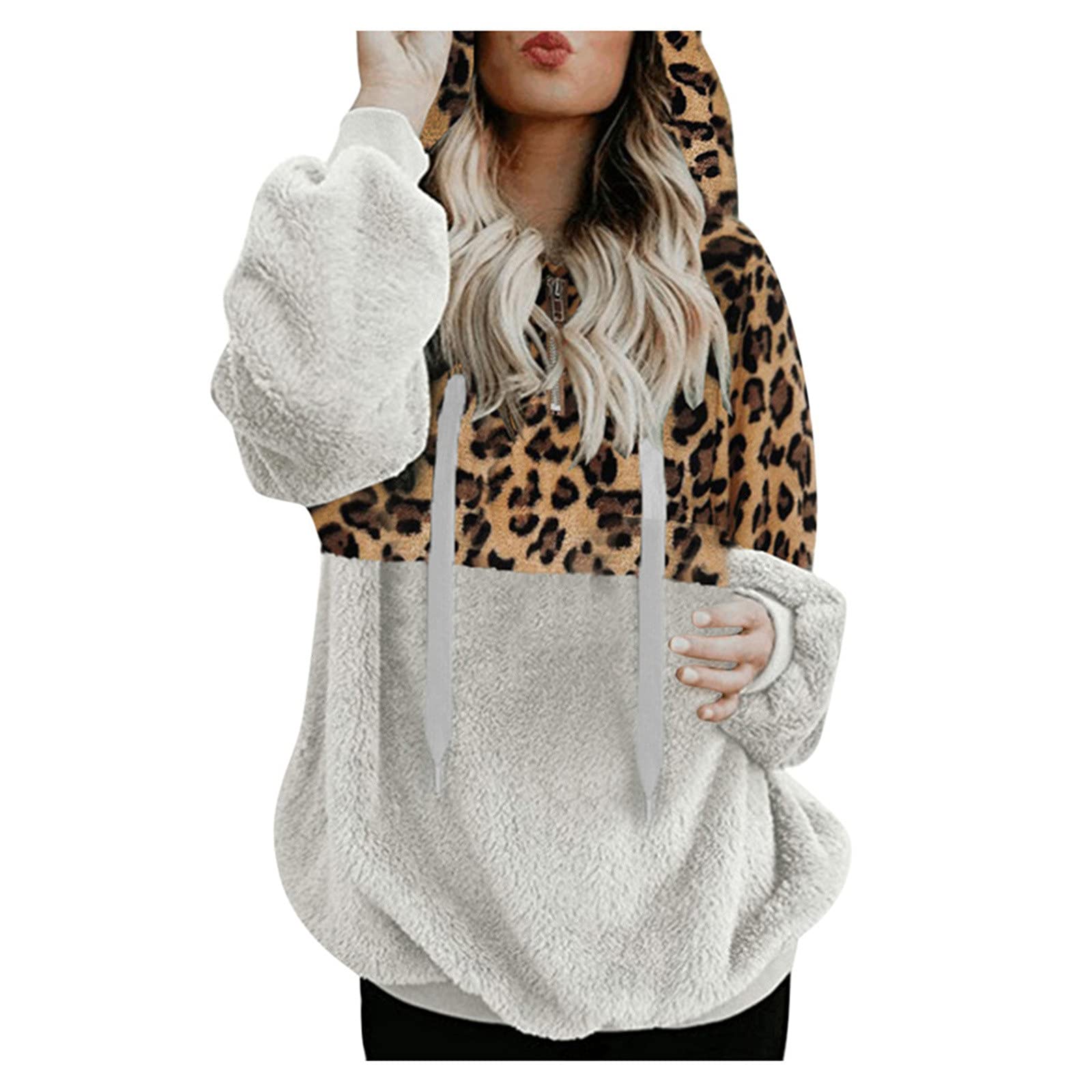 KAKX Women's Leopard Print Hooded Sweatshirt Coat - Winter Warm Fleece Lined Jacket with Zipper Pockets | Cozy Cotton Outerwear for Casual Wear, Street Style & Cold Weather Fashion