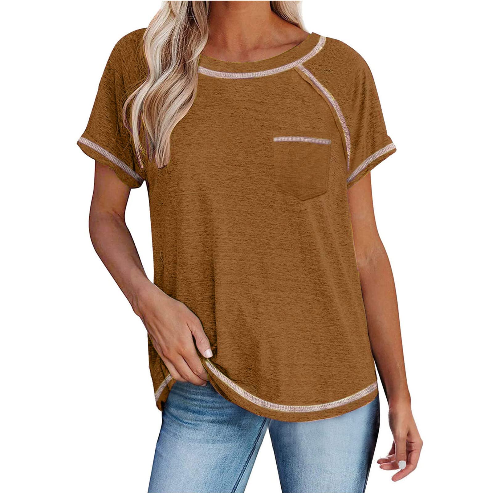 Women's Summer Round Neck T-Shirt - Casual Short Sleeve Loose Fit Waffle Knit Tunic Top with Pockets | Comfortable Basic Tee Blouse for Everyday Wear, Beach Outings & Casual Outfits
