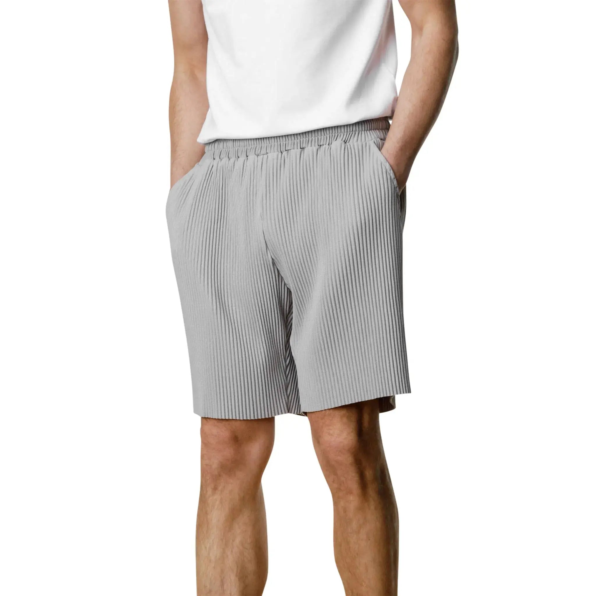 Belier Pleated Light Grey Resort Shirt & Shorts Set - Stylish Summer Vacation Outfit for Men, Beachwear, Tropical Holiday, Poolside Lounge & Casual Wear