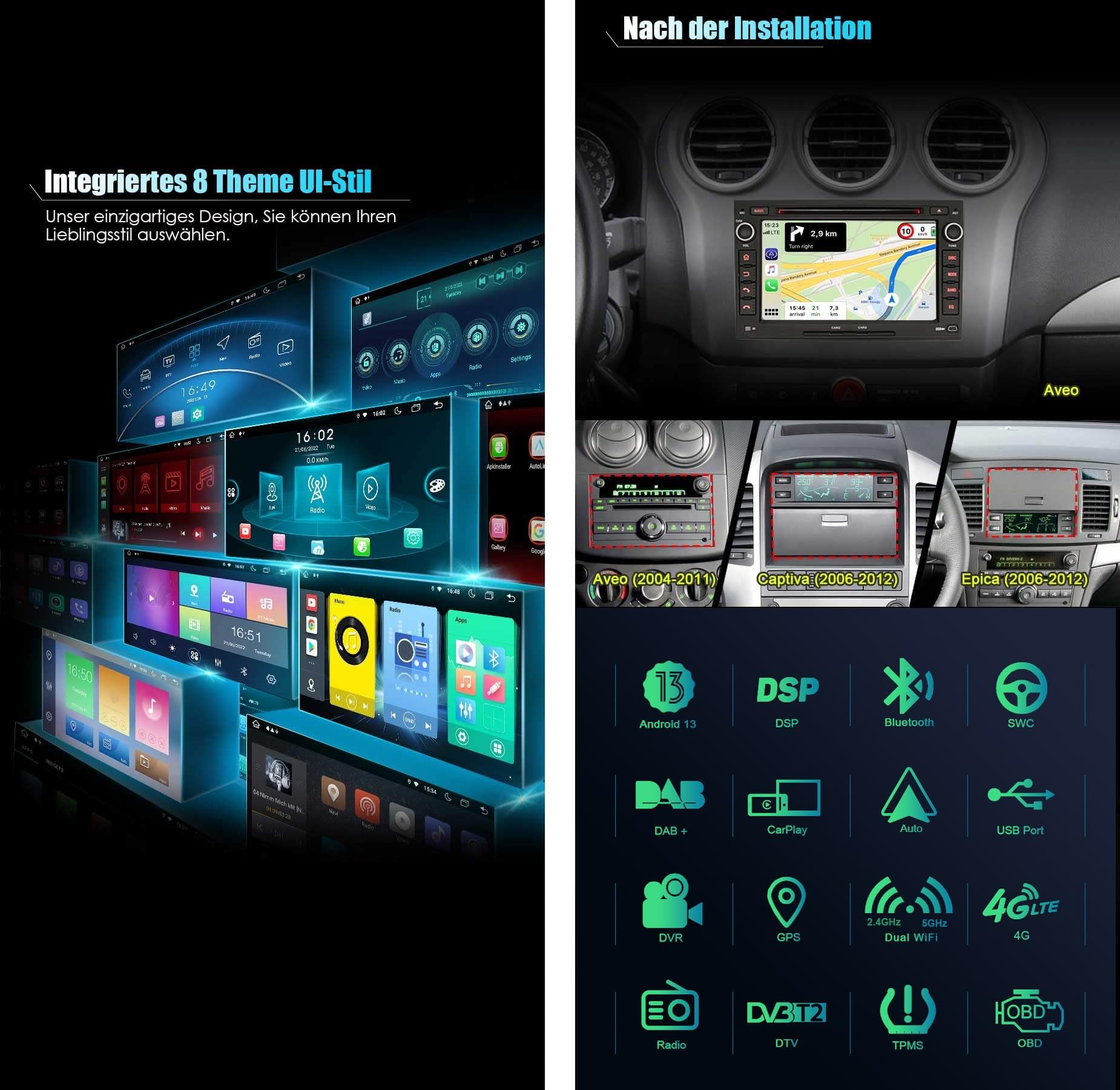 GONFEN 4GB+64GB 8-Core Android 13 Car Stereo for Chevrolet Aveo Epica Gentra Lova Captiva - Wireless CarPlay Android Auto GPS Navigation WiFi 4G USB Bluetooth 5.0 DSP DAB+ DVD FM/AM Radio - Perfect for Road Trips & Daily Commutes