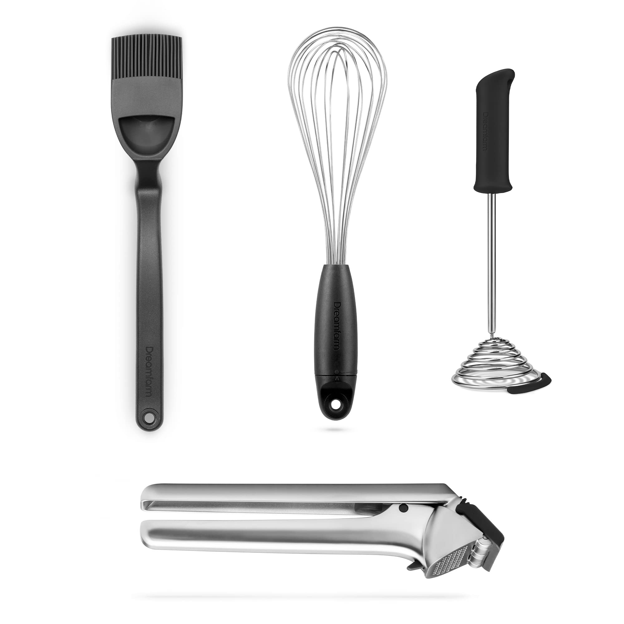 Dreamfarm Brizzle Basting Brush, Flisk Whisk, Smood Potato Masher & Garject Garlic Press Set - Dishwasher Safe Kitchen Utensils for Thanksgiving Cooking - Perfect for Basting, Whisking, Mashing & Garlic Prep