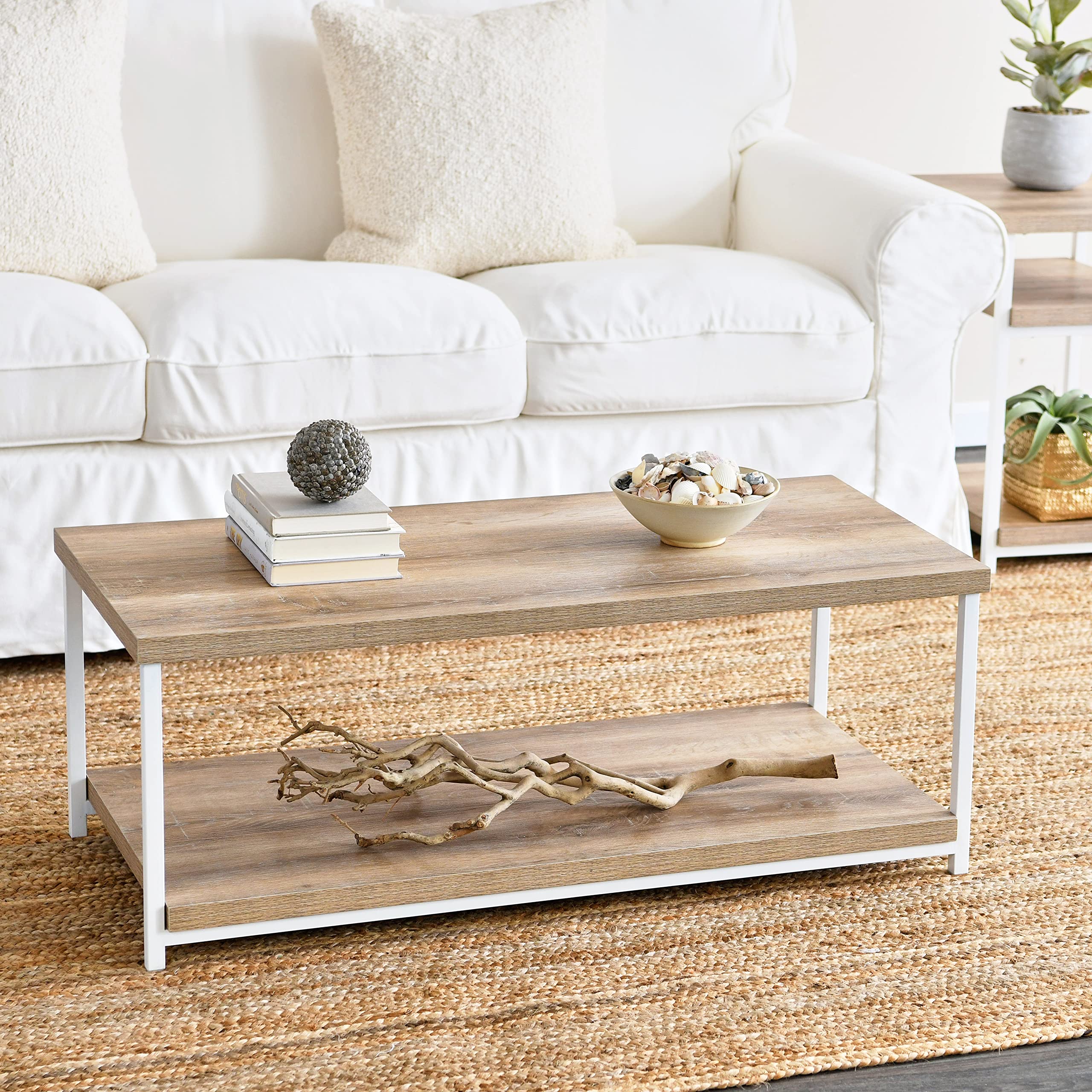 Jamestown Rectangular Coffee Table with Storage Shelf - Coastal Oak Rustic Wood Grain & White Metal - Living Room Furniture for Small Spaces, Farmhouse & Coastal Decor