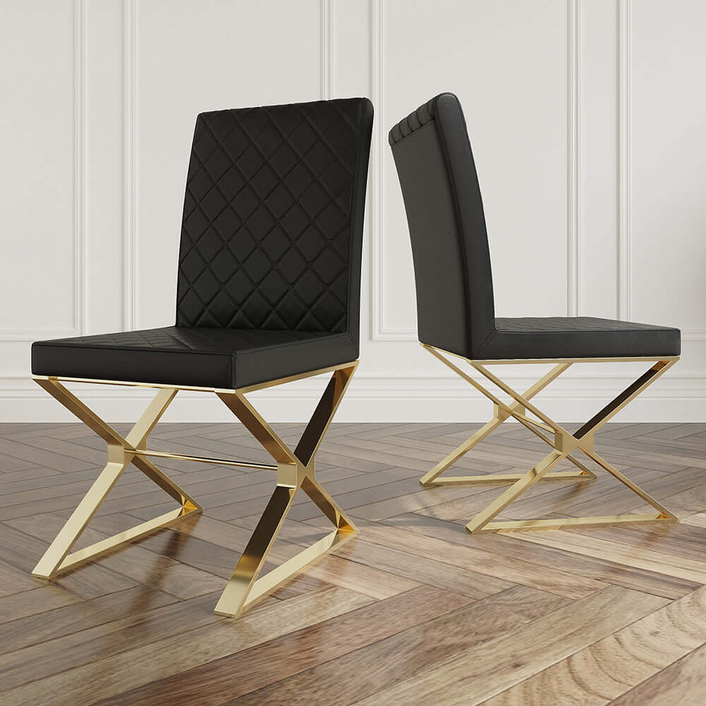 Modern Black Upholstered Leather Dining Chairs with Gold Metal Legs - Set of 2 - Elegant Seating for Dining Room, Kitchen, or Office