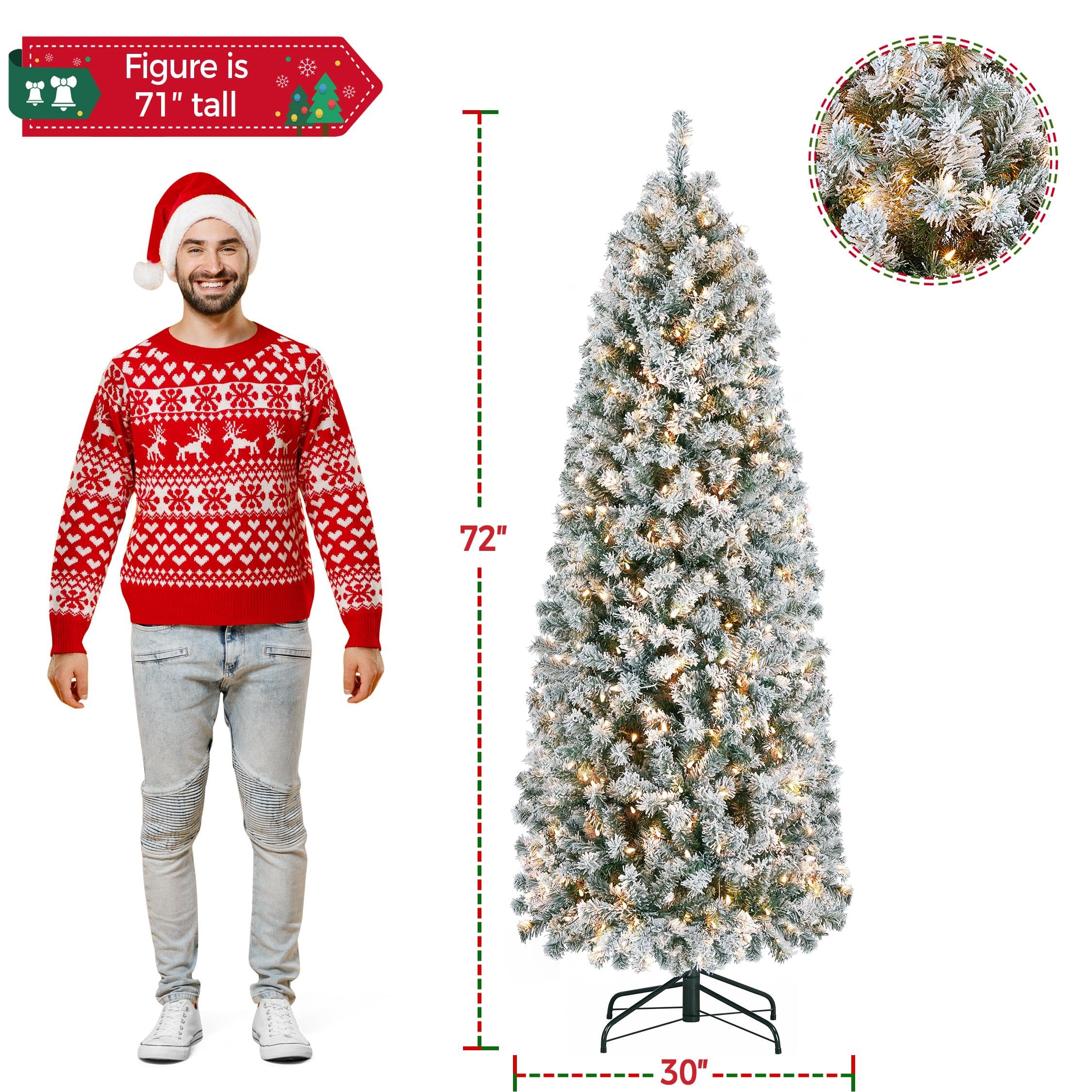 Yaheetech 6ft Pre-lit Snow Flocked Pencil Christmas Tree - Slim Hinged Artificial Fir with 250 Warm White Lights & 814 Snow Tips - Perfect for Small Spaces, Apartments, Office & Holiday Corner Decorations