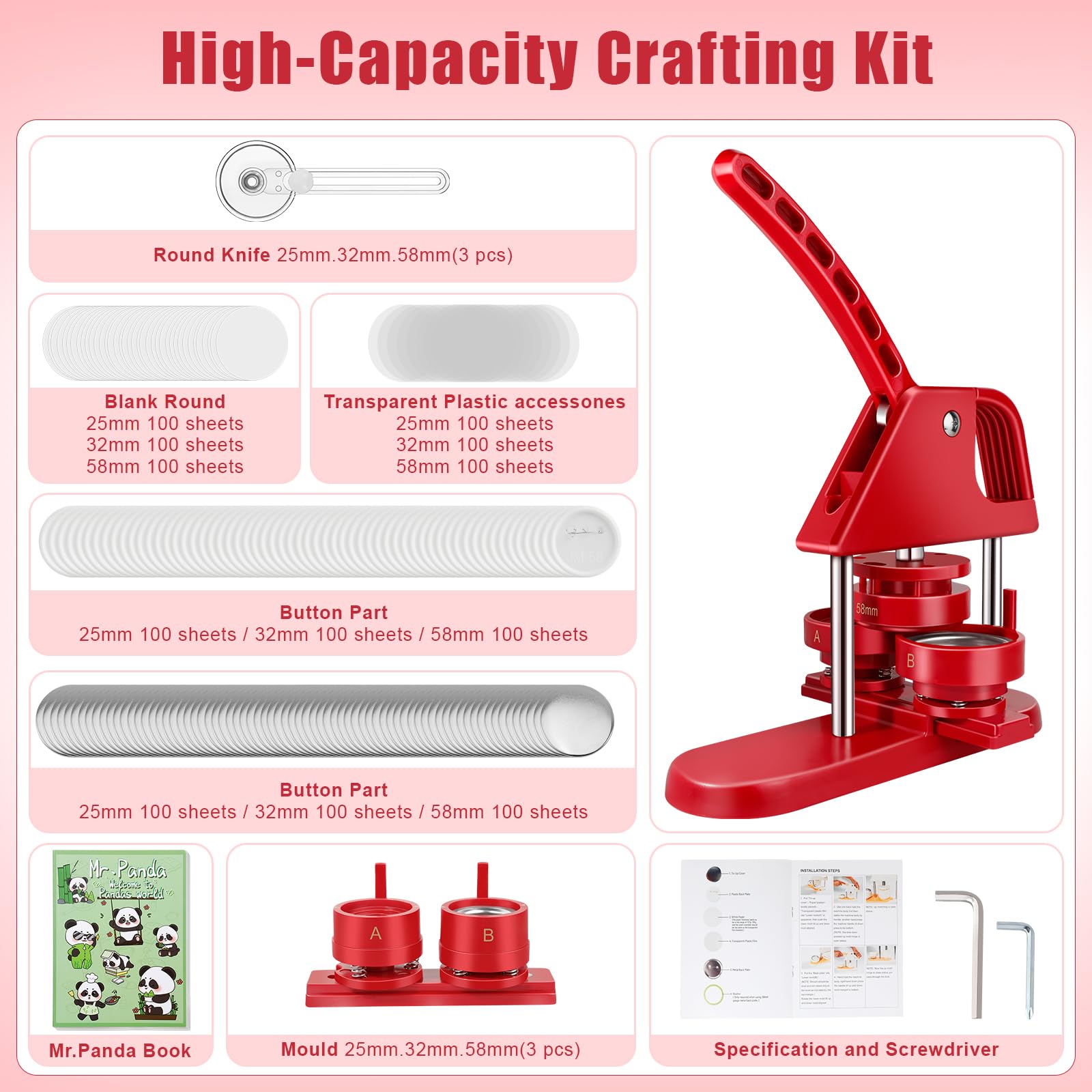 Hicdaw 25mm/32mm/58mm (1/1.25/2.25 inch) DIY Button Maker Machine Kit - Includes Free Buttons, Blank Round Sheets, Circle Cutter & Panda Design Book for Custom Pin Badges - Perfect for Crafting, School Projects, Gifts & Party Favors
