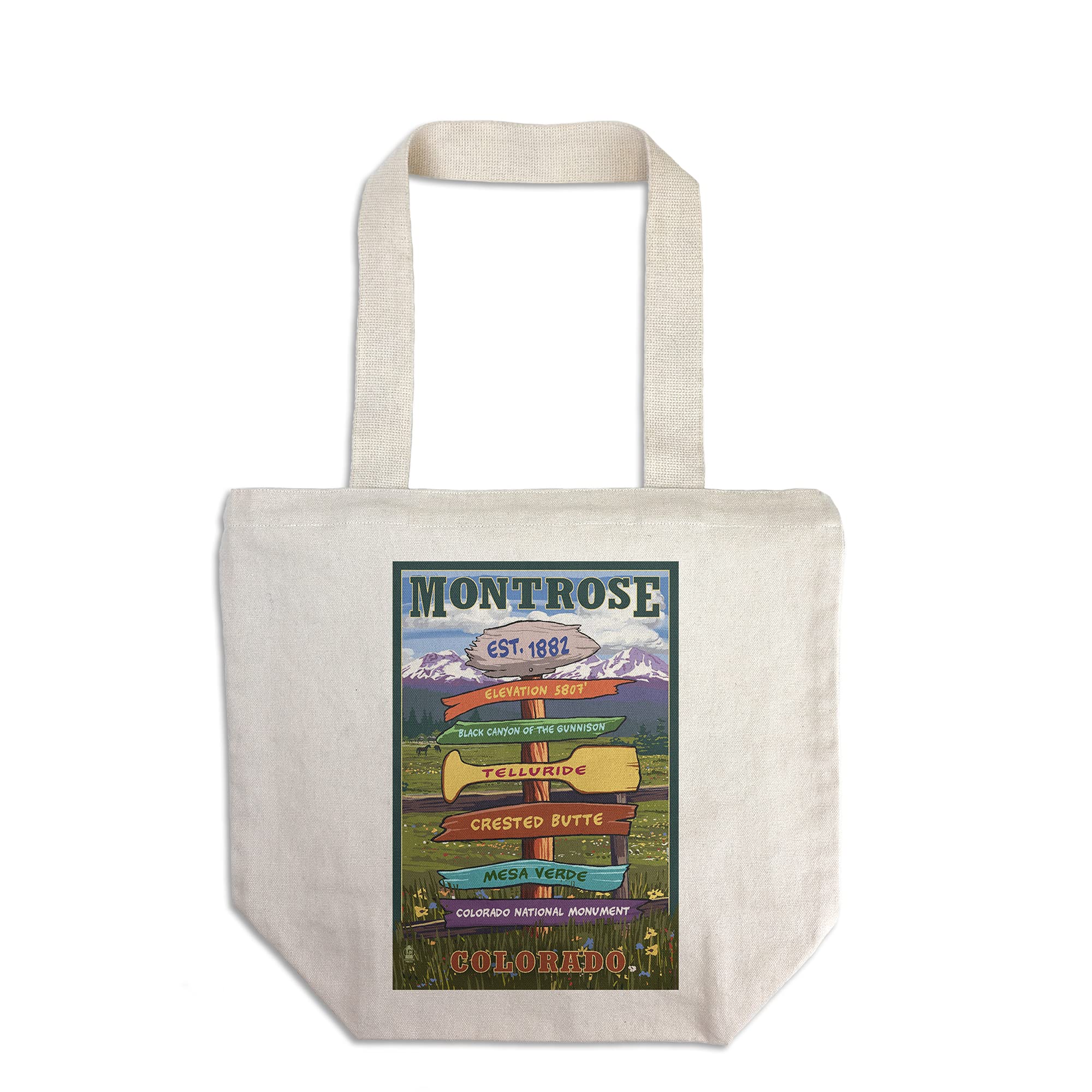 Lantern Press Montrose Colorado Destination Signpost Tote Bag - 100% Cotton Canvas Reusable Shopping Bag for Groceries, Beach & Travel