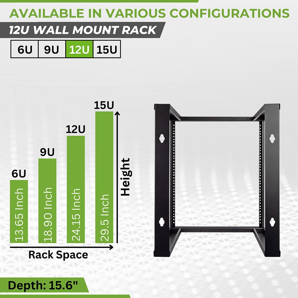 NavePoint 12U Wall Mount Open Frame 19 Inch Server Rack - 16 Inch Depth, Black | Network Equipment & AV Installation for Home & Office
