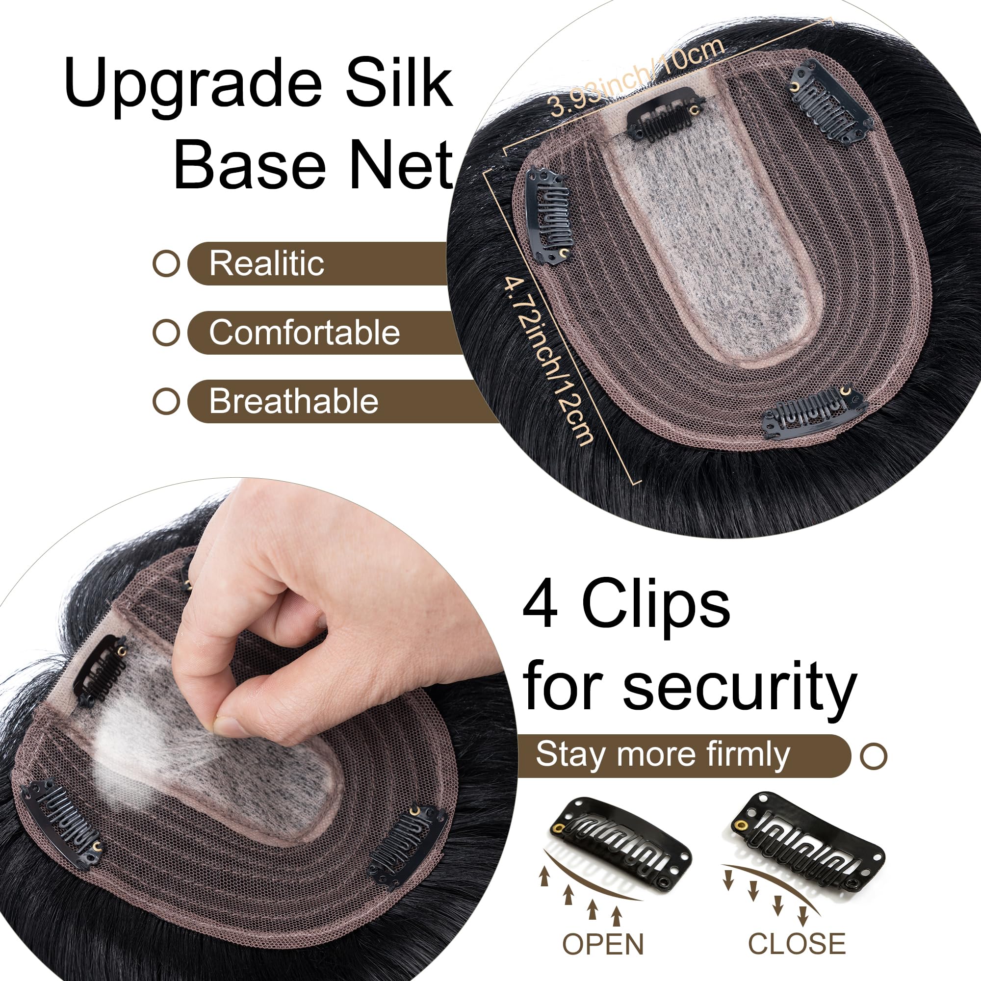 SEGO Real Human Hair Toppers for Women - No Bangs, 130% Density, 10x12cm Silk Base, 100% Remy Human Hair Clip-in Top Wiglet for Thinning Hair (12 Inch, Jet Black) - Perfect for Daily Wear, Special Occasions & Hair Loss Solutions