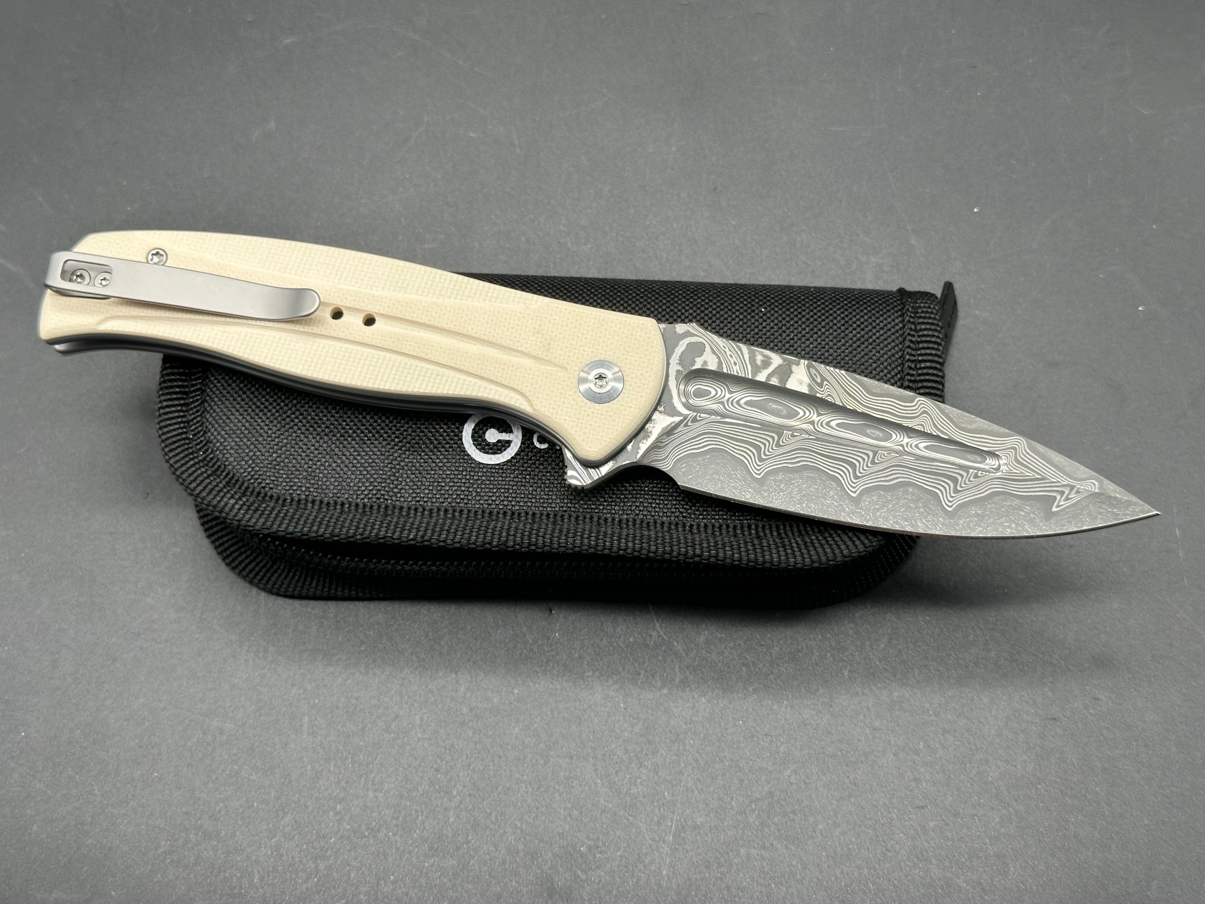 CIVIVI Incindie Button Lock Folding Knife - Off White G10 Handle, Damascus Steel Spear Point Plain Edge - EDC, Outdoor, Camping & Survival Tool