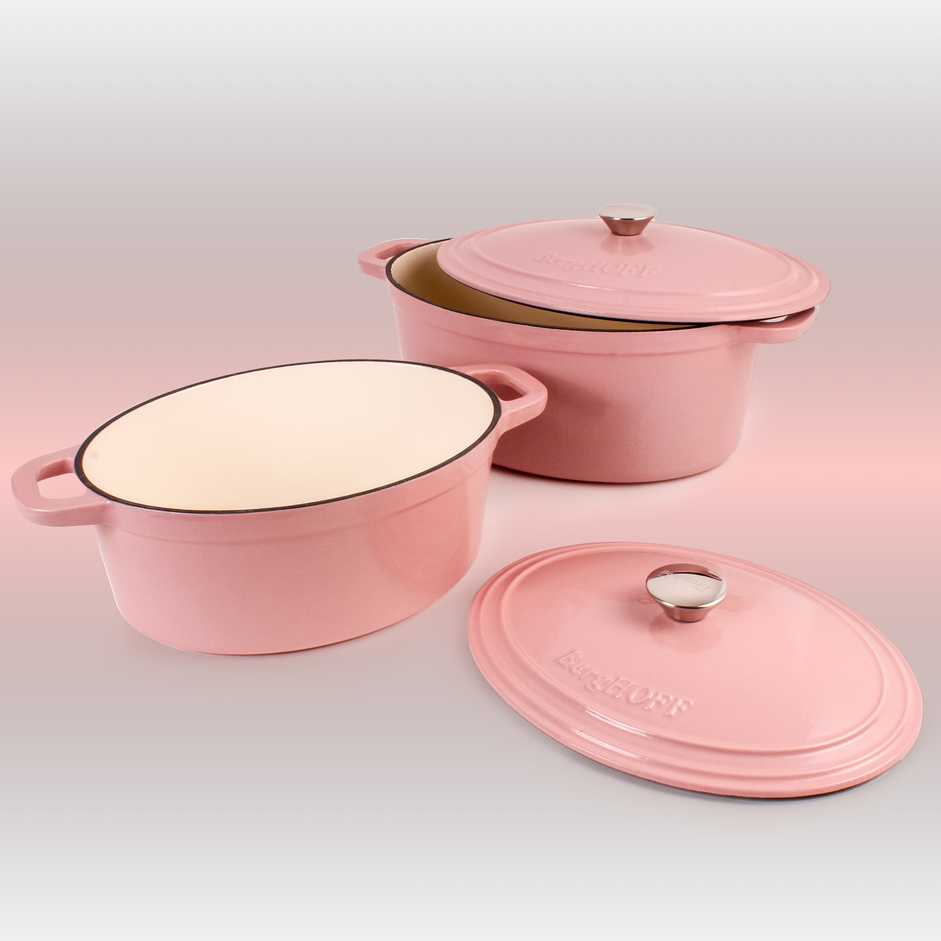 BergHOFF Neo 4-Piece Cast Iron Cookware Set - 5 Quart & 8 Quart Dutch Oven with Lid - Pink Enameled Cookware for Stovetop, Oven & Serving - Perfect for Braising, Stewing & Family Meals