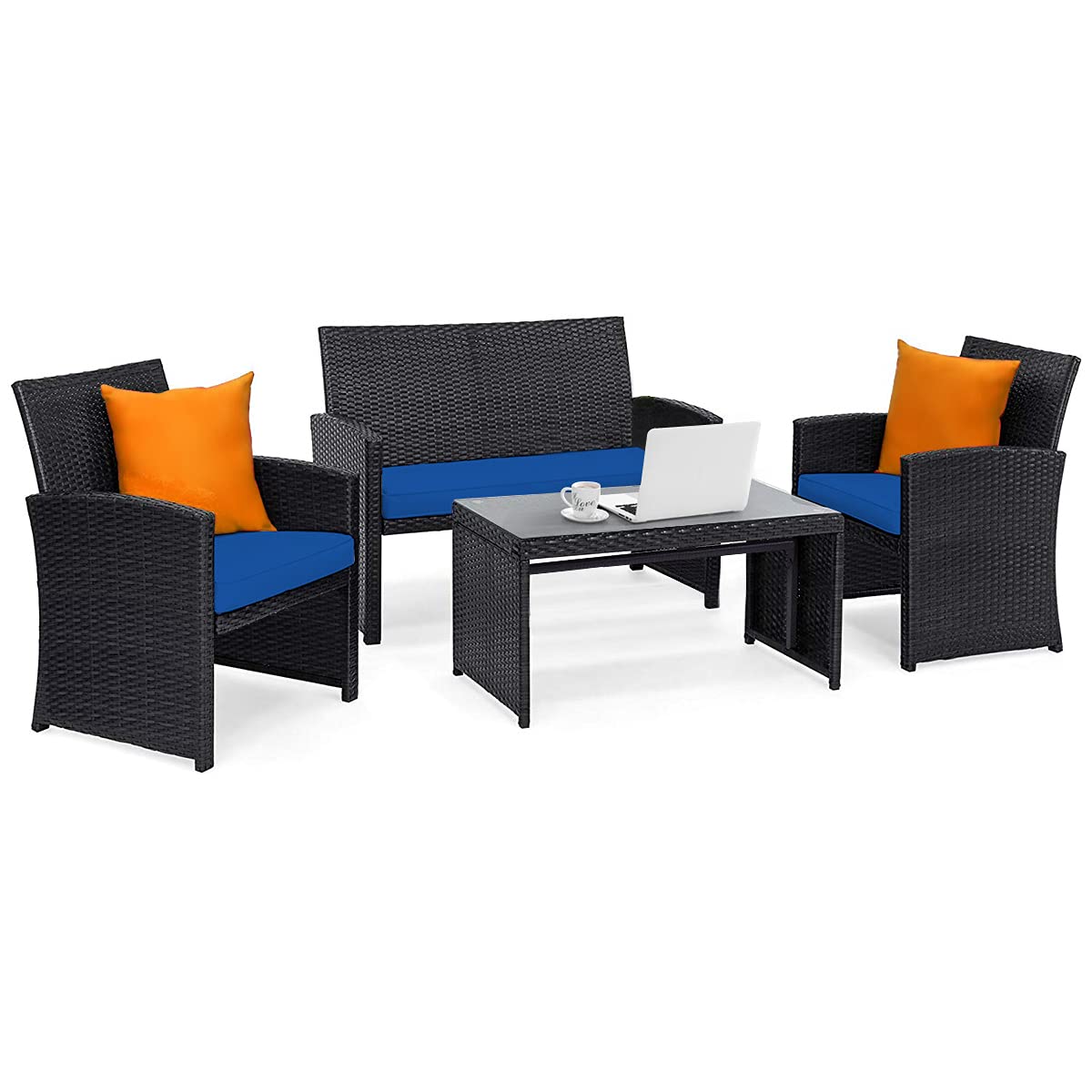 Tangkula 4-Piece Outdoor Wicker Patio Furniture Set with Sofa, Chairs & Tempered Glass Coffee Table - Rattan Conversation Set for Balcony, Backyard, Garden or Poolside Relaxation