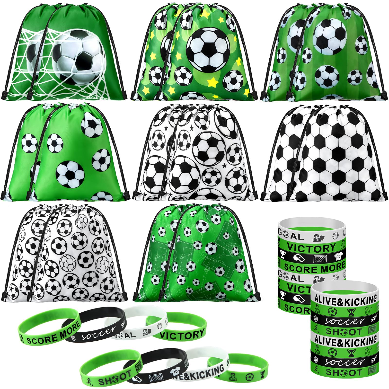 32 Pcs Soccer Party Favors Set - 16 Drawstring Goodie Bags & 16 Silicone Wristbands for Kids Birthday Party Supplies | Perfect for Soccer Themed Birthday Parties, Team Celebrations and Sports Events Gifts