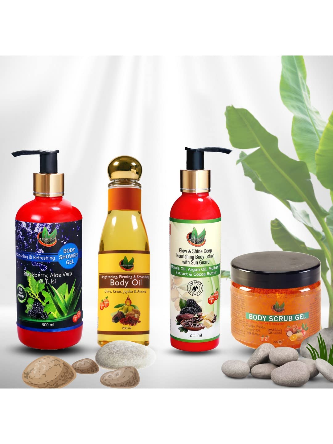 NatureNova Herbals Body Care Gift Set - 300ml Shower Gel, 200ml Exfoliating Scrub, 200ml Hydrating Body Oil & 200ml Nourishing Lotion (4-Piece Combo) | Perfect for Spa Day, Self-Care Routine & Luxurious Bath Time (NNHCB-BL6)