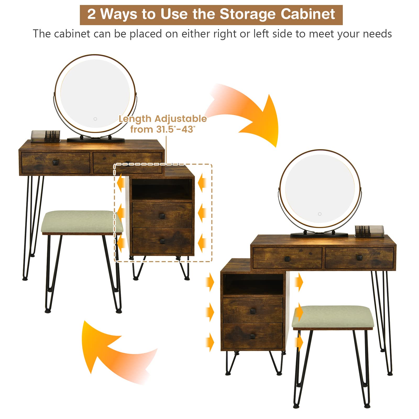 CHARMAID Vanity Desk with Reversible Side Cabinet - Makeup Dressing Table with LED Mirror (3 Color Lights), 4 Drawers, Nightstand & Stool - Rustic Brown - Perfect for Bedroom, Dressing Room & Beauty Salon