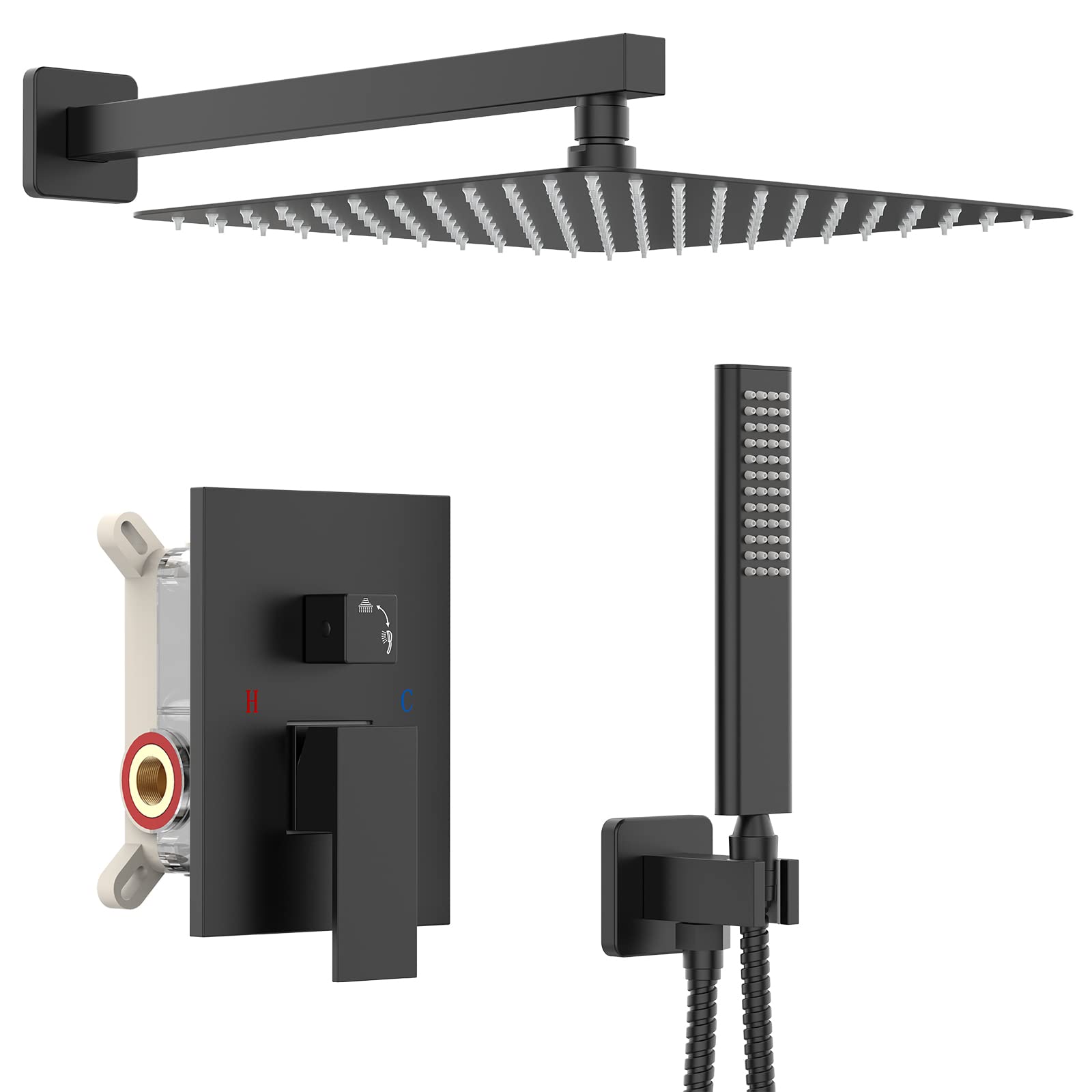 Matte Black Shower Set - 10 Inch High Pressure Rain Shower Head with Handheld & Mixer Valve | Modern Bathroom Shower System with Pressure Balance Valve & Trim Kit | Perfect for Spa-Like Experience & Water Conservation